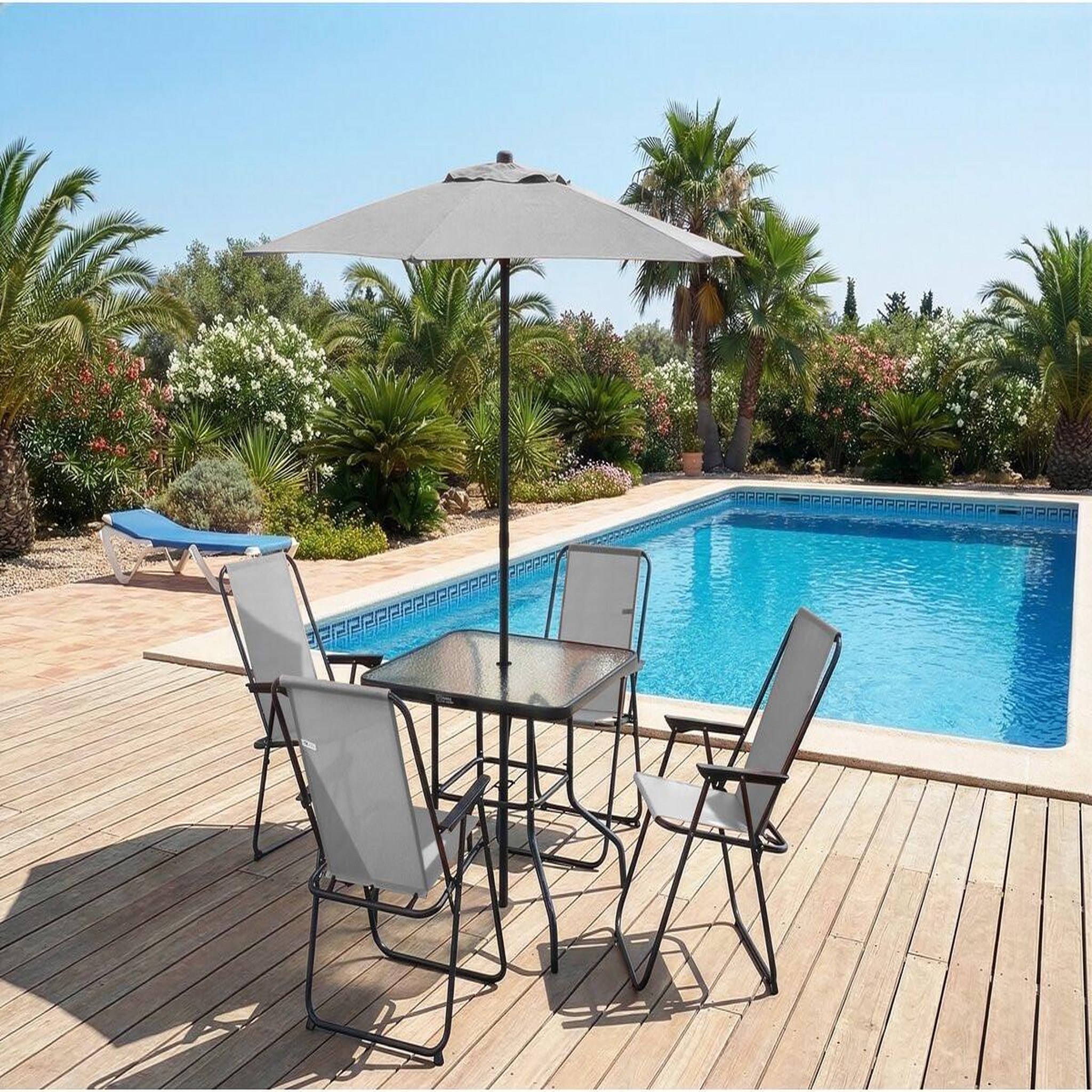Voir la diapositive 2 : Habitat et Jardin Table et chaises de jardin avec parasol en métal  convivia  - 4 places - gris clair