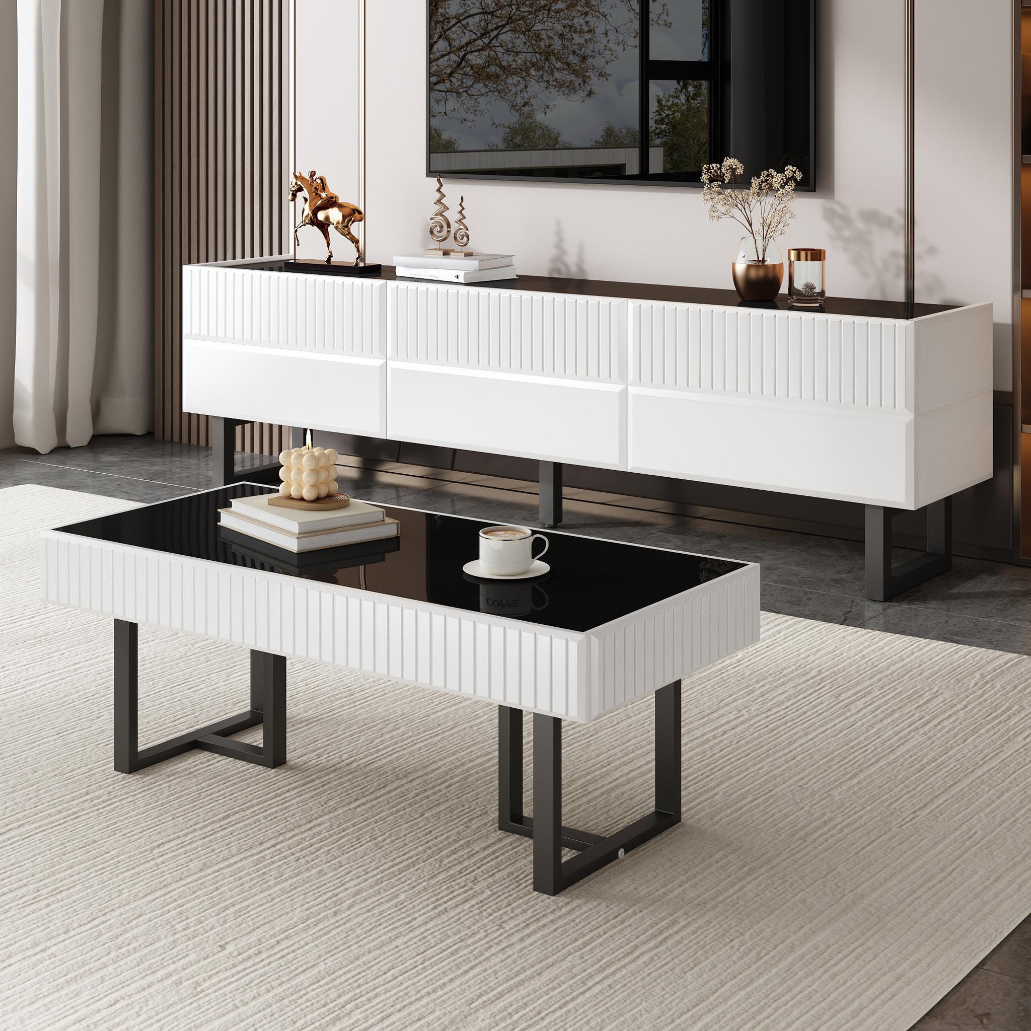 Voir la diapositive 2 : MERAX Table basse rectangulaire blanc+noir - 50,5x110 cm mdf