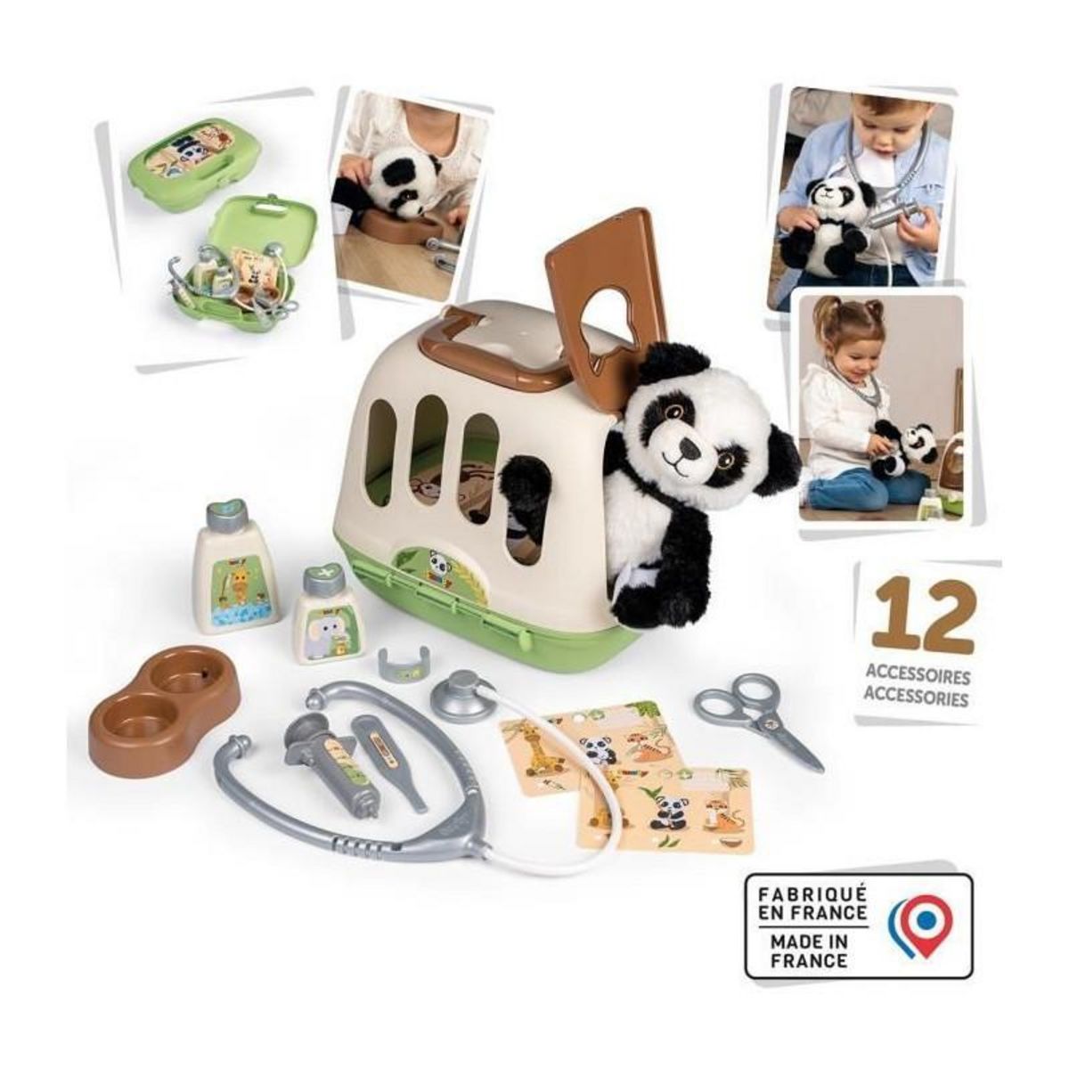 SMOBY Smoby - Mallette vétérinaire - 1 peluche panda et de nombreux accessoires - Produit 2 en 1 : Cage de transport - Fabrication f