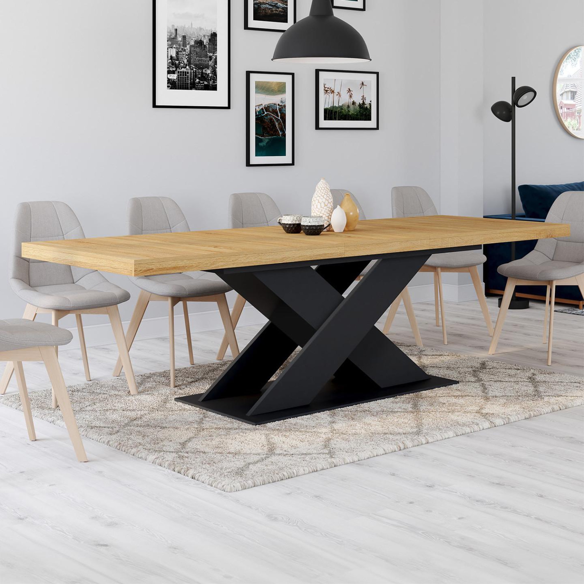 Voir la diapositive 2 : ID MARKET Table à manger extensible rectangle alicia 8-12 personnes bois et noir 200-250 cm