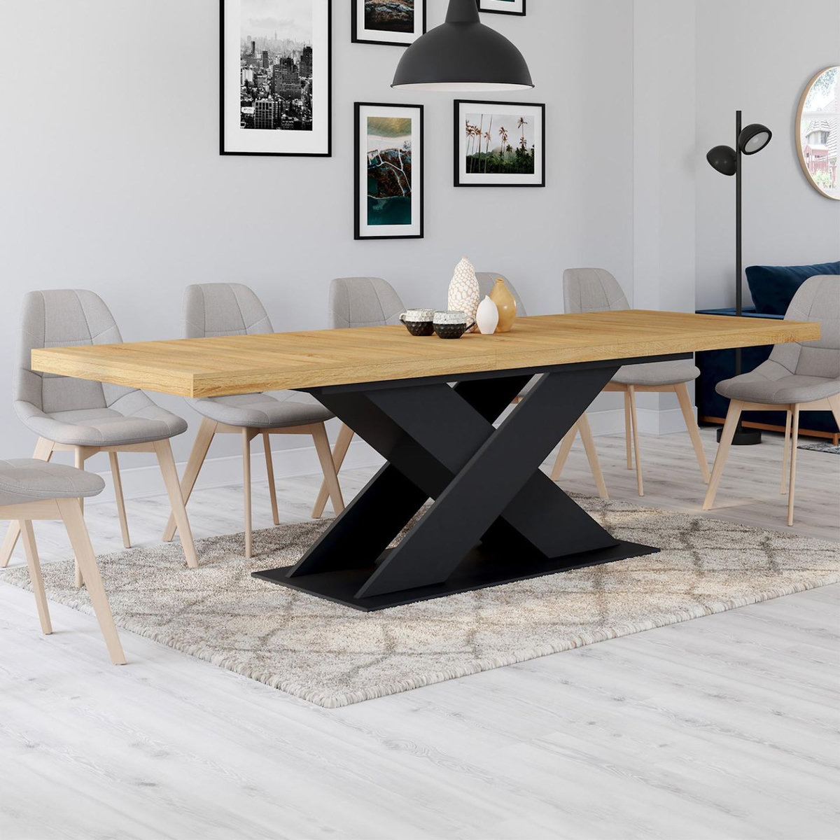 ID MARKET Table à manger extensible rectangle ALICIA 8-12 personnes bois et noir 200-250 cm