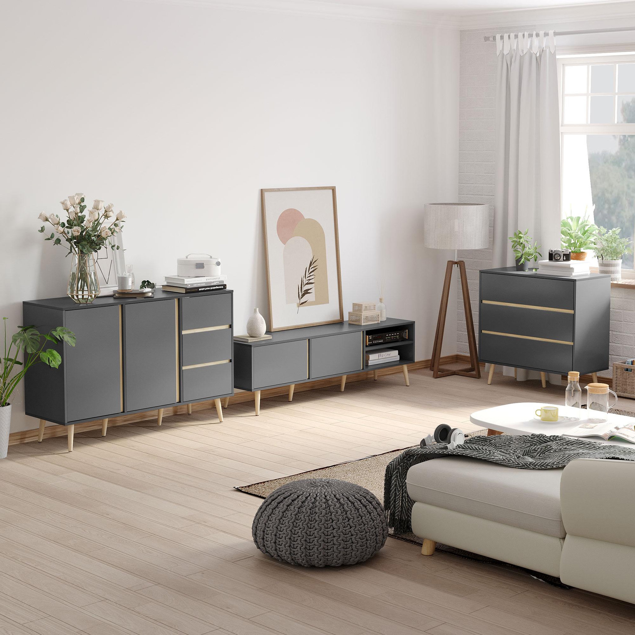 Voir la diapositive 3 : HOMCOM Meuble TV banc TV 2 portes 2 niches design scandinave panneaux particules gris aspect bois clair