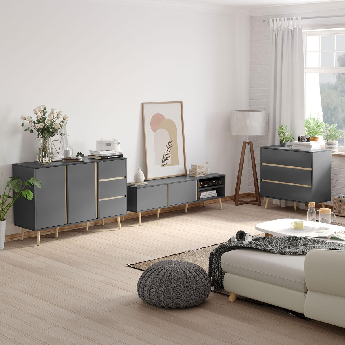 HOMCOM Meuble TV banc TV 2 portes 2 niches design scandinave panneaux particules gris aspect bois clair