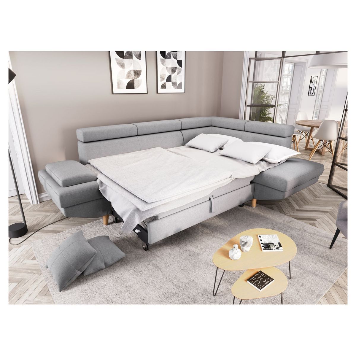 Canapé d'angle droit convertible 5 places tissu pieds bois clair MARIUS 