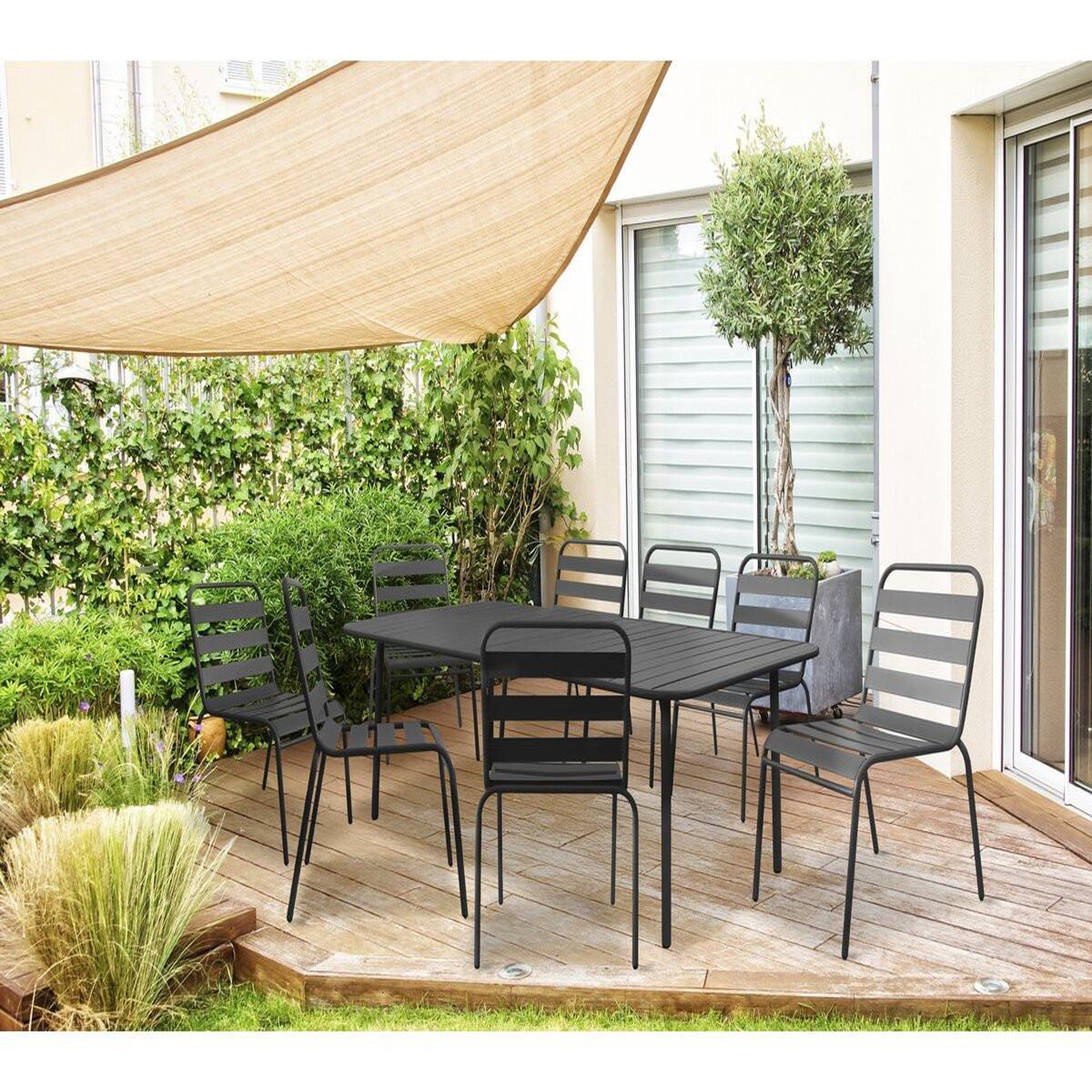 Voir la diapositive 2 : Habitat et Jardin Table et chaises de jardin en métal  bilbao  - 8 places - gris