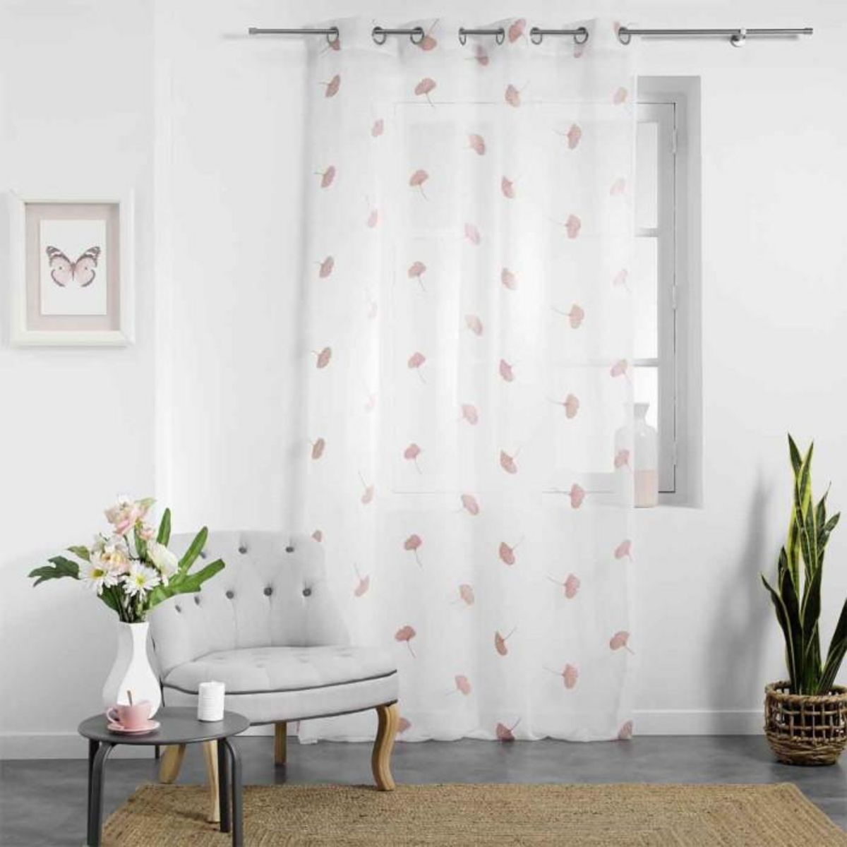 Paris Prix Rideau Voilage à Œillets  Ariella  140x280cm Blanc & Rose