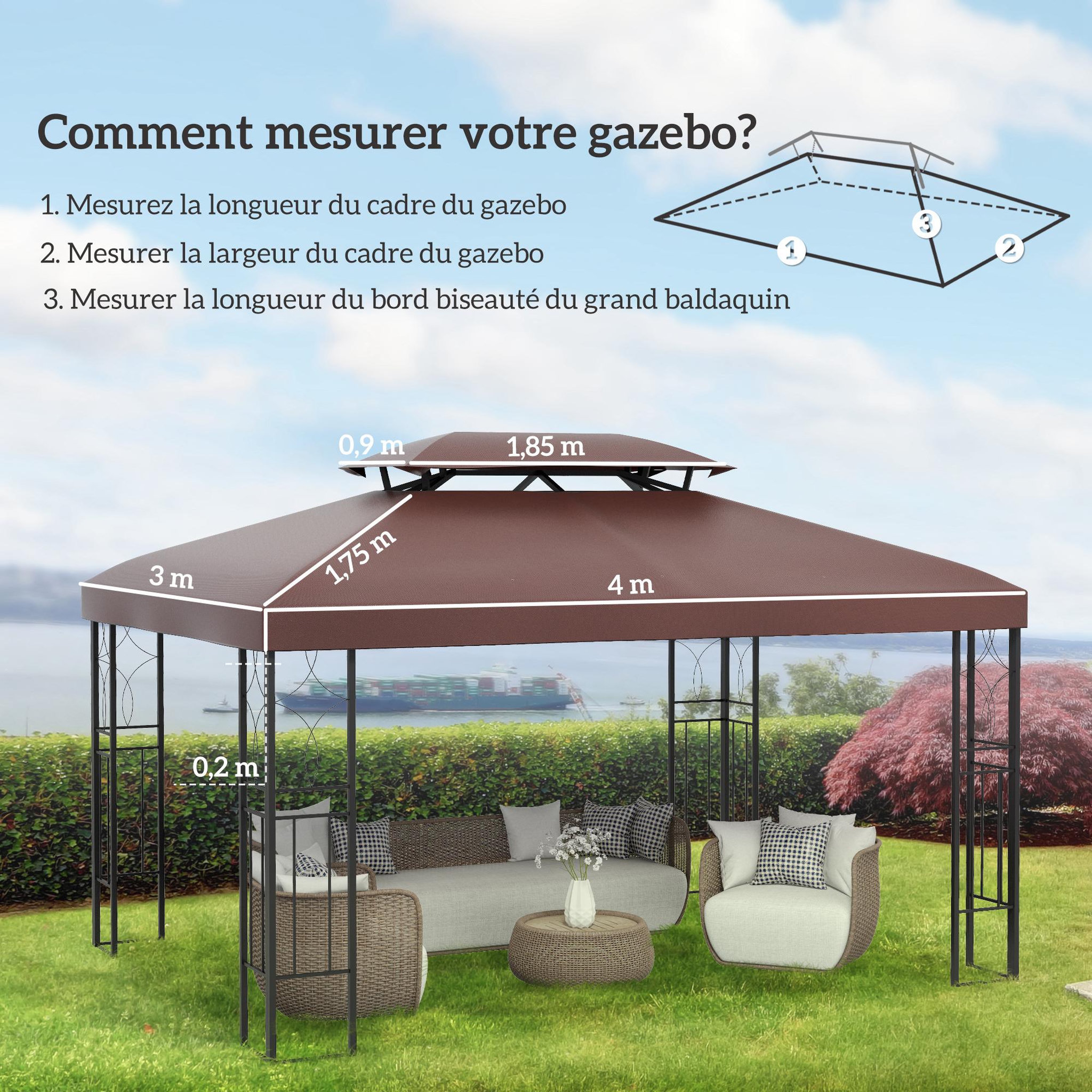 Voir la diapositive 4 : HOMCOM Toile de Rechange pour Pavillon Tonnelle Tente Polyester Haute Densité Imperméabilisé 180 g/m² 3 x 4 m Chocolat