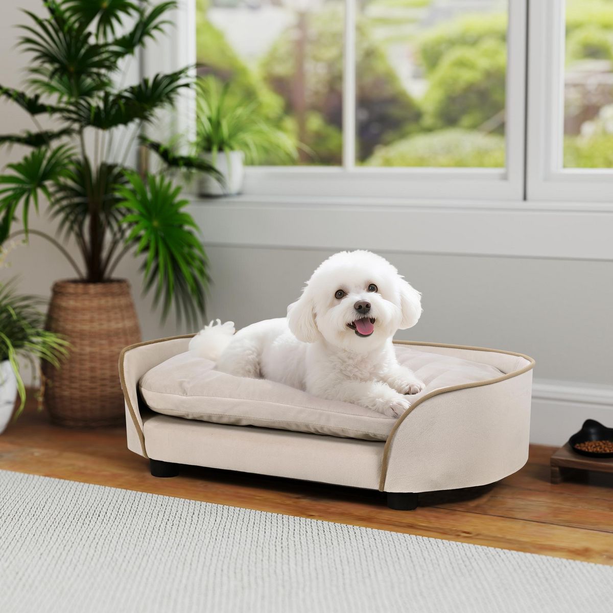 PAWHUT Canapé pour chien, canapé pour animal de compagnie avec coussin amovible et housse lavable, en velours, 66 x 43 x 19,5 cm, beige