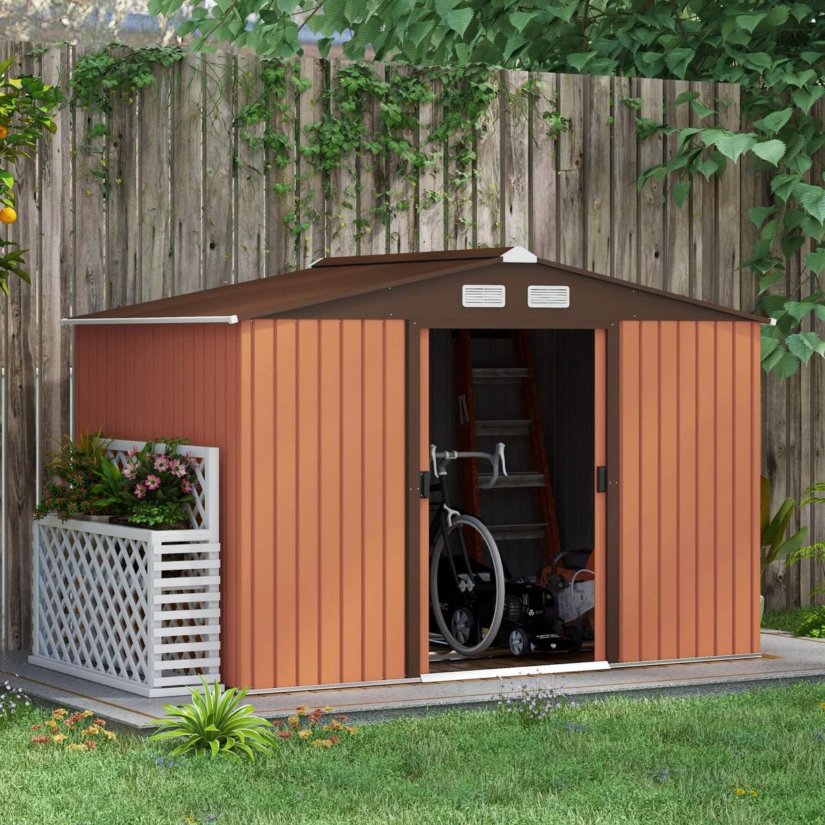 OUTSUNNY Abri de jardin - remise pour outils - cabanon double porte coulissante - fondation incluse - dim. 277L x 191l x 192H cm - tôle d'acier ondulée terracotta