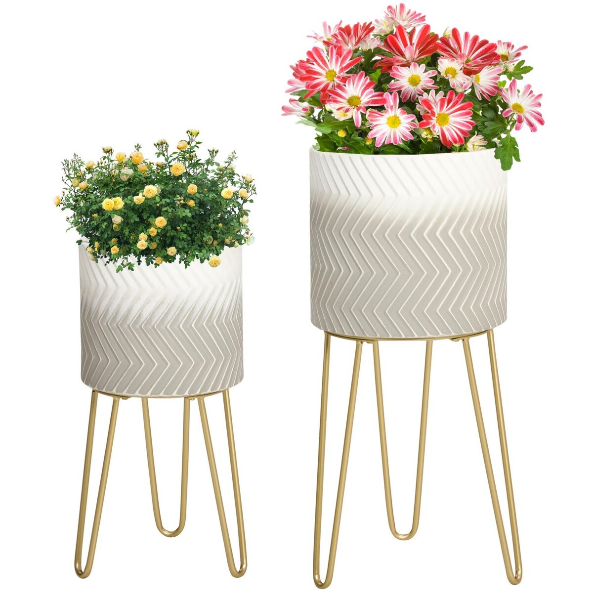 OUTSUNNY Supports de pots de fleurs design - supports à plantes - lot de 2 avec pots de fleurs - métal noir gris blanc