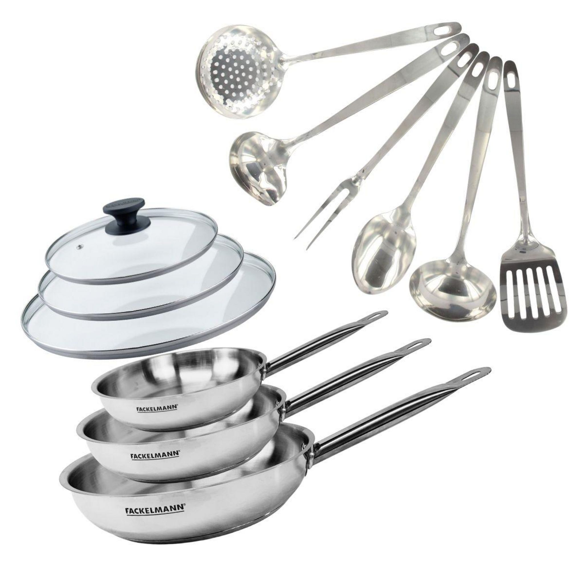 Fackelmann 9444050 Set 3 poêles 20 24 et 28 cm et 3 casseroles 12 16 et 20 cm en inox 18/8, tous feux, induction, sans PFAS, Acier inoxydable 18/8, 12 16 20 24 28 cm, Gris Argent