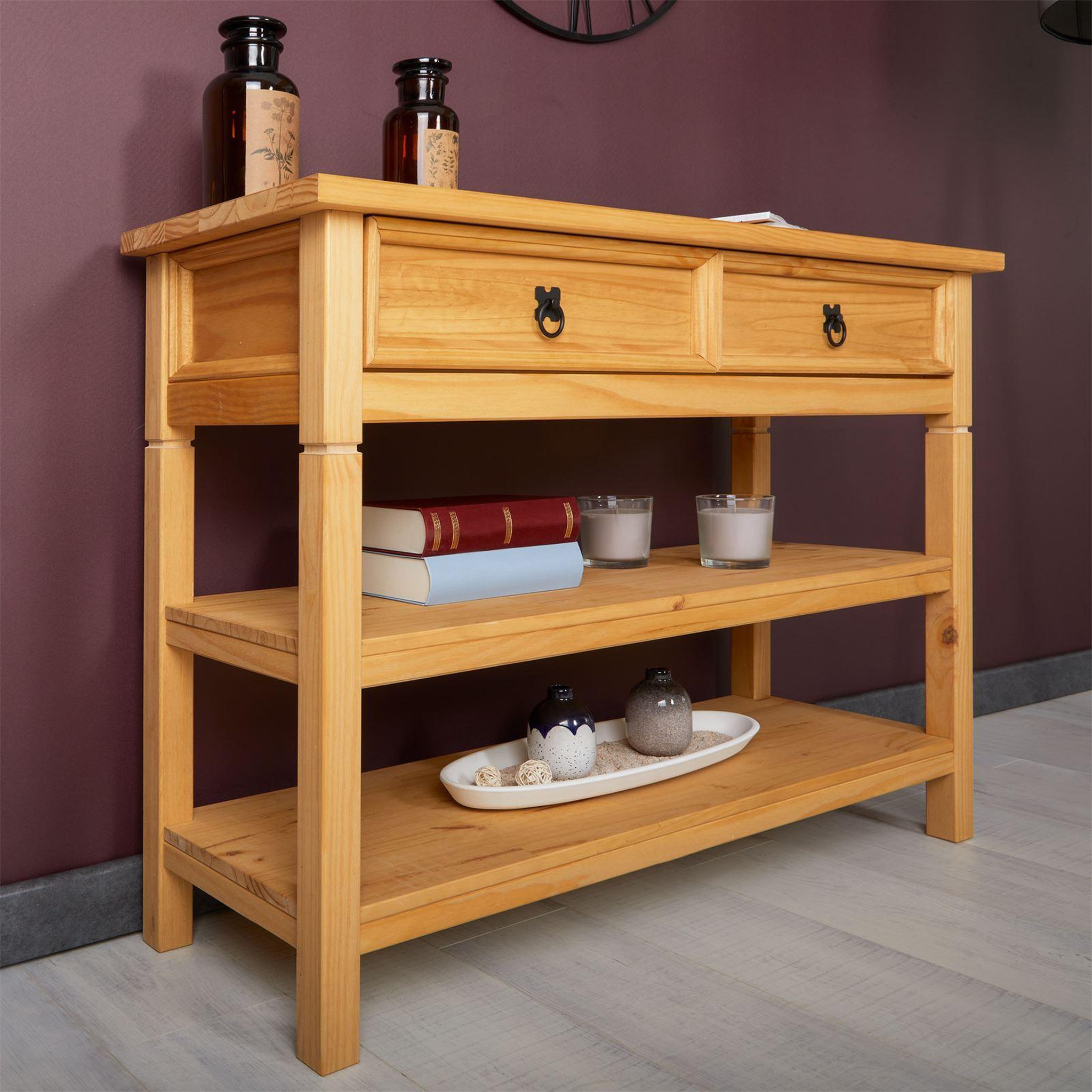 Voir la diapositive 6 : IDIMEX Table console en pin tequila style mexicain, 1 tiroir et 2 étagères