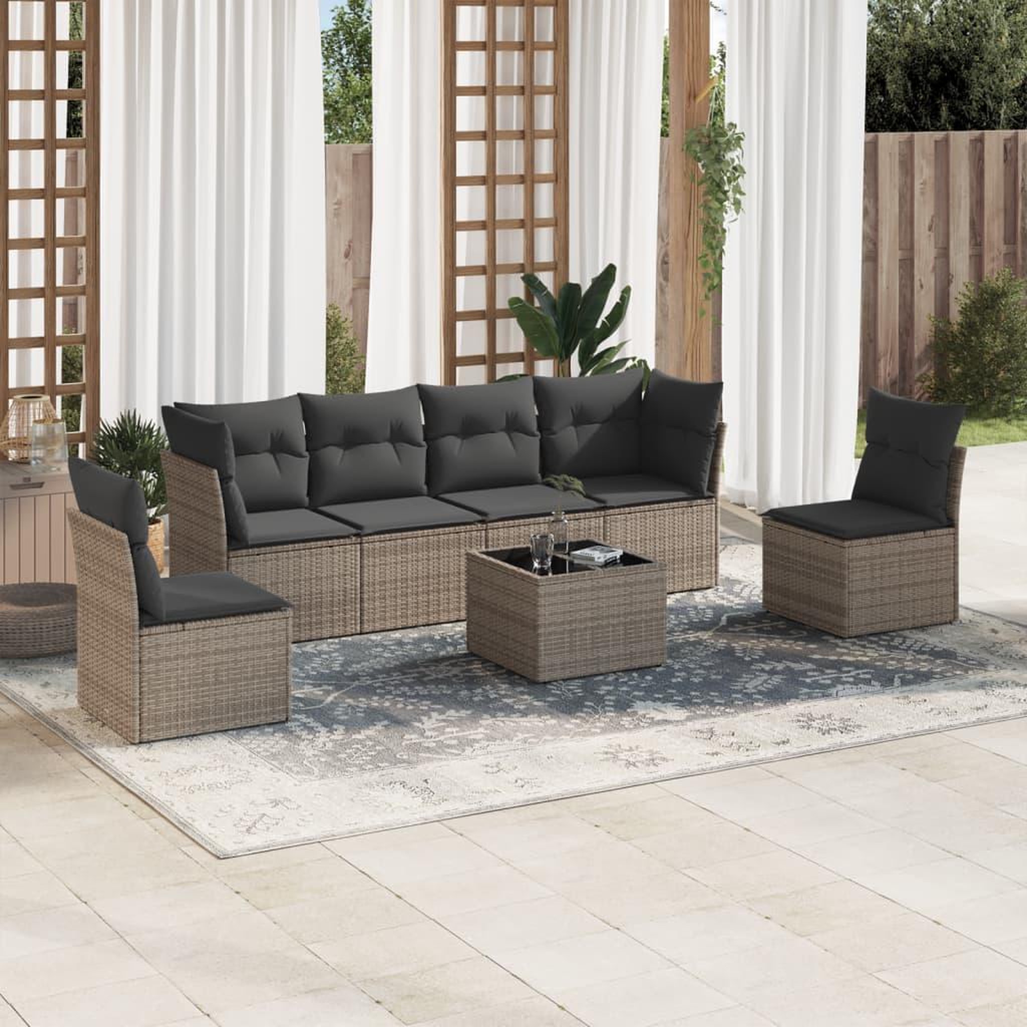 VIDAXL Salon de jardin avec coussins 7 pcs gris resine tressee