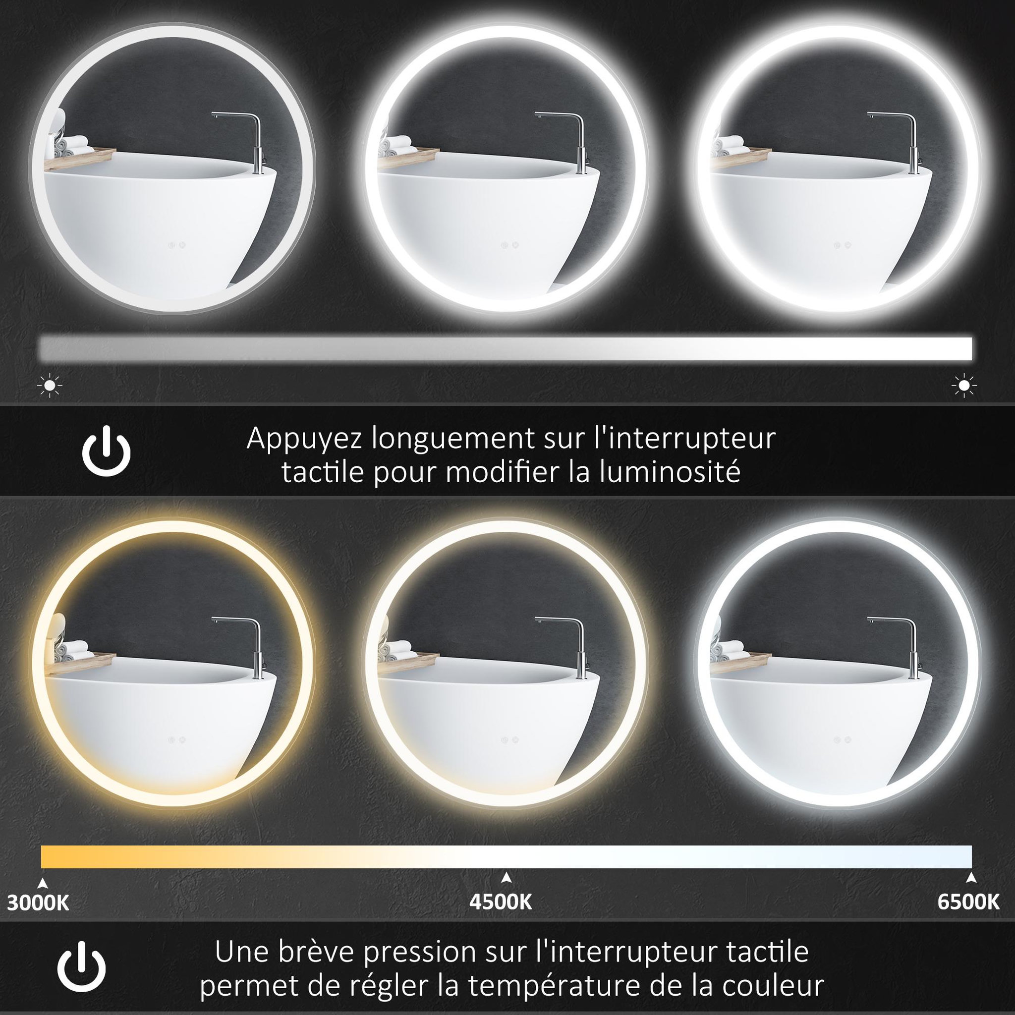 Voir la diapositive 5 : KLEANKIN Miroir rond lumineux led de salle de bain ø 80 cm mural avec éclairage 3 couleurs interrupteur tactile système antibuée 46w blanc argent