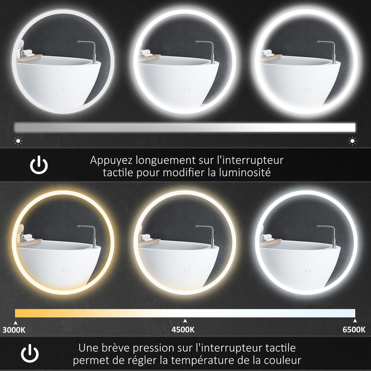 KLEANKIN Miroir rond lumineux LED de salle de bain Ø 80 cm mural avec éclairage 3 couleurs interrupteur tactile système antibuée 46W blanc argent