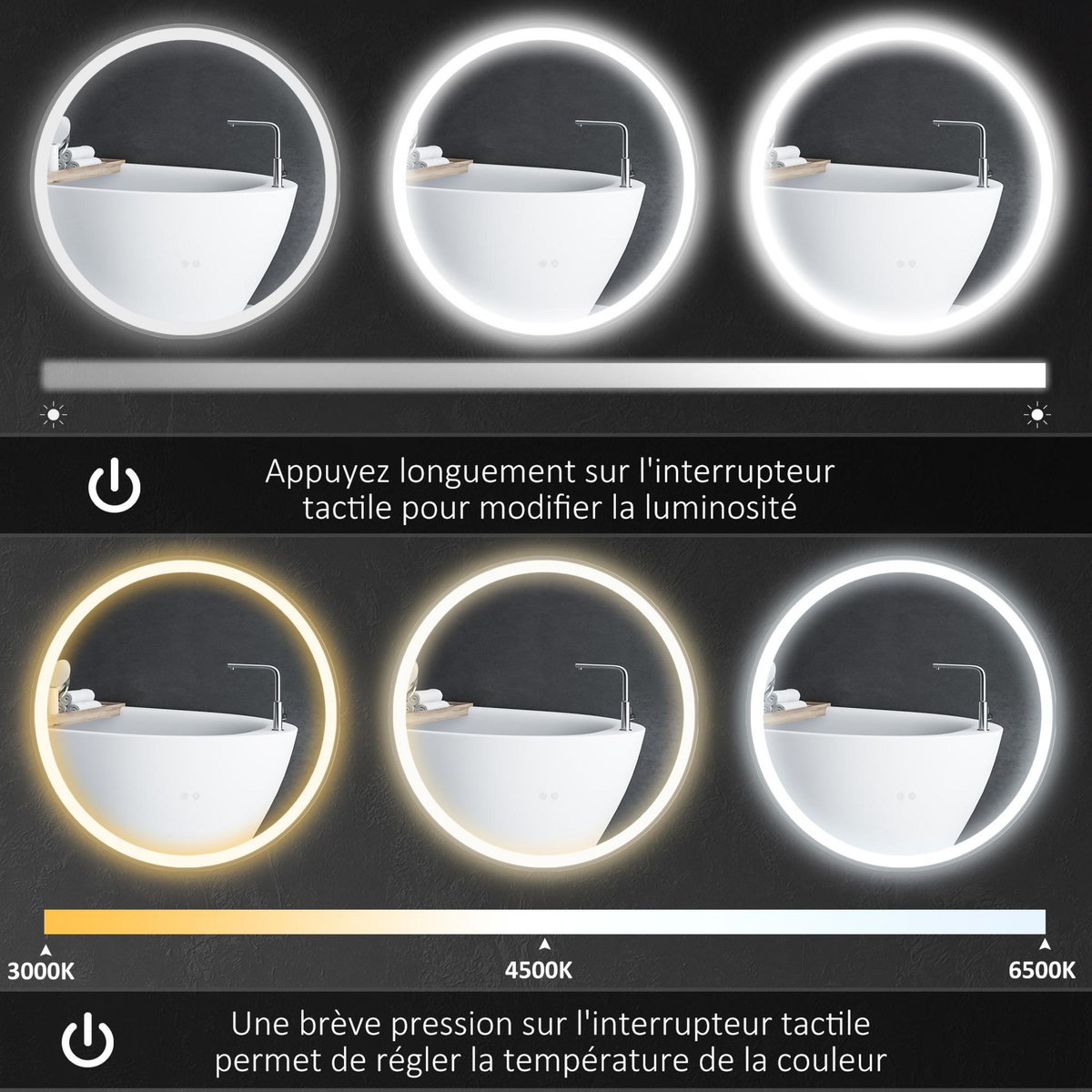 KLEANKIN Miroir rond lumineux LED de salle de bain Ø 80 cm mural avec éclairage 3 couleurs interrupteur tactile système antibuée 46W blanc argent