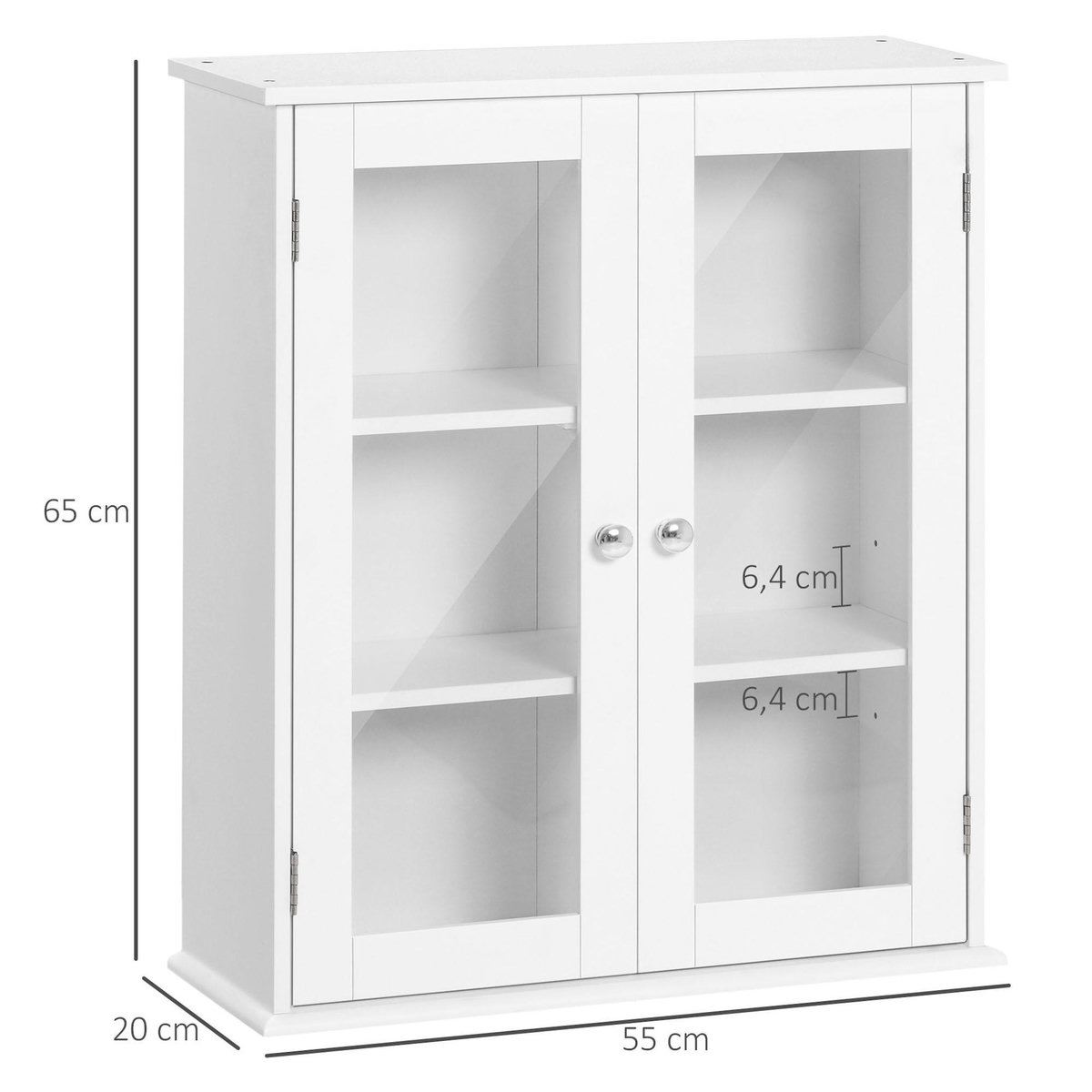 KLEANKIN Armoire murale salle de bain 2 portes vitrées 2 étagères 55 x 20 x 65 cm blanc