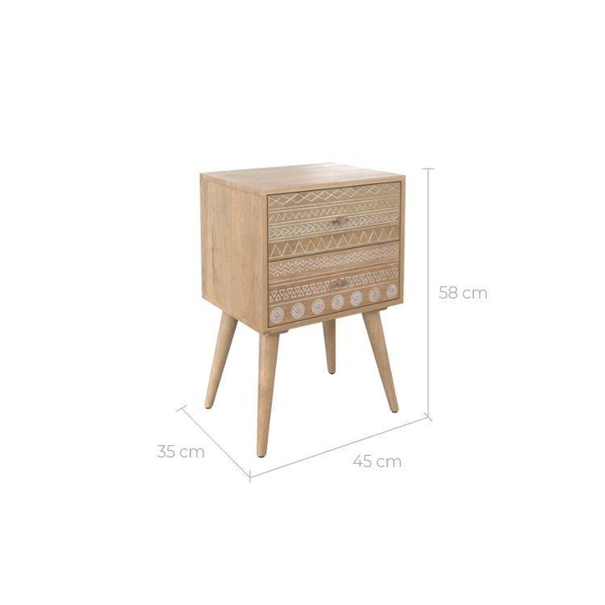 Voir la diapositive 4 : MAISON PAVANE Table de chevet en bois de manguier gravé 2 tiroirs-tiny