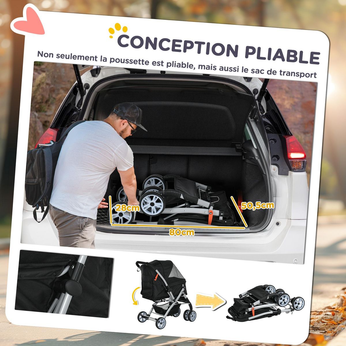 PAWHUT Poussette buggy pliable chien chat panier et sac de rangement attaches sécurité housse réglable poignée réversible acier Oxford noir