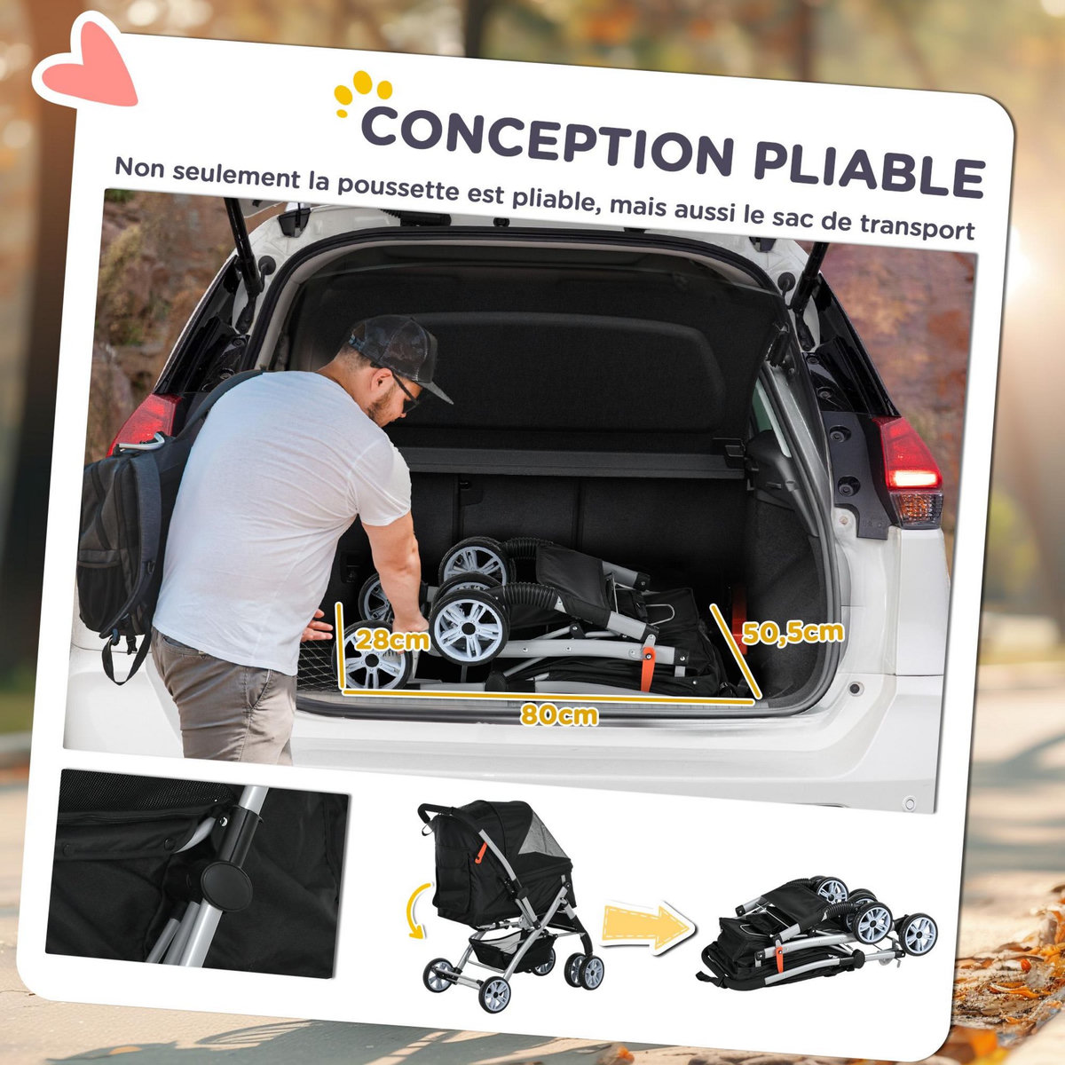 PAWHUT Poussette buggy pliable chien chat panier et sac de rangement attaches sécurité housse réglable poignée réversible acier Oxford noir