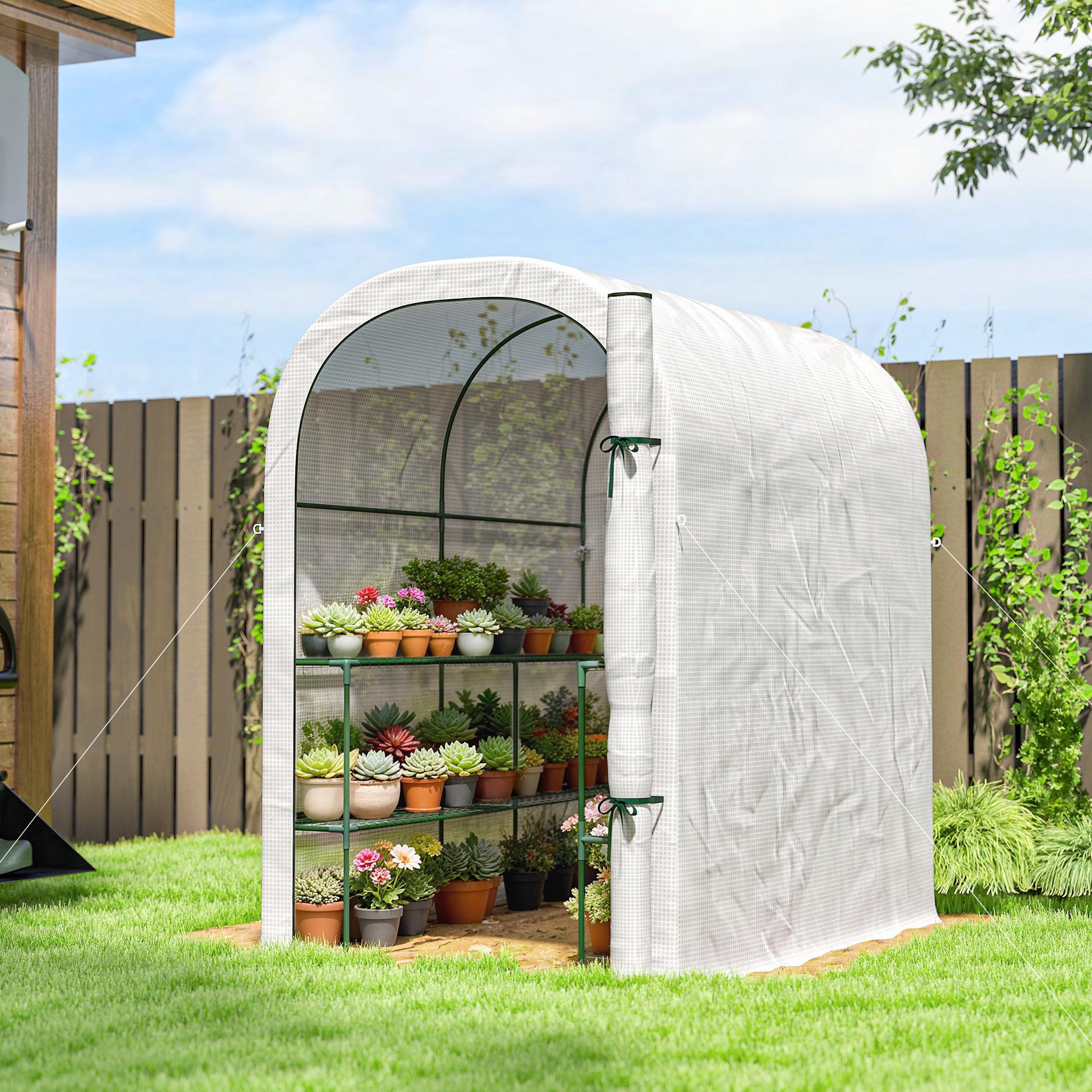 Voir la diapositive 6 : OUTSUNNY Serre de jardin avec étagères porte enroulable pe blanc