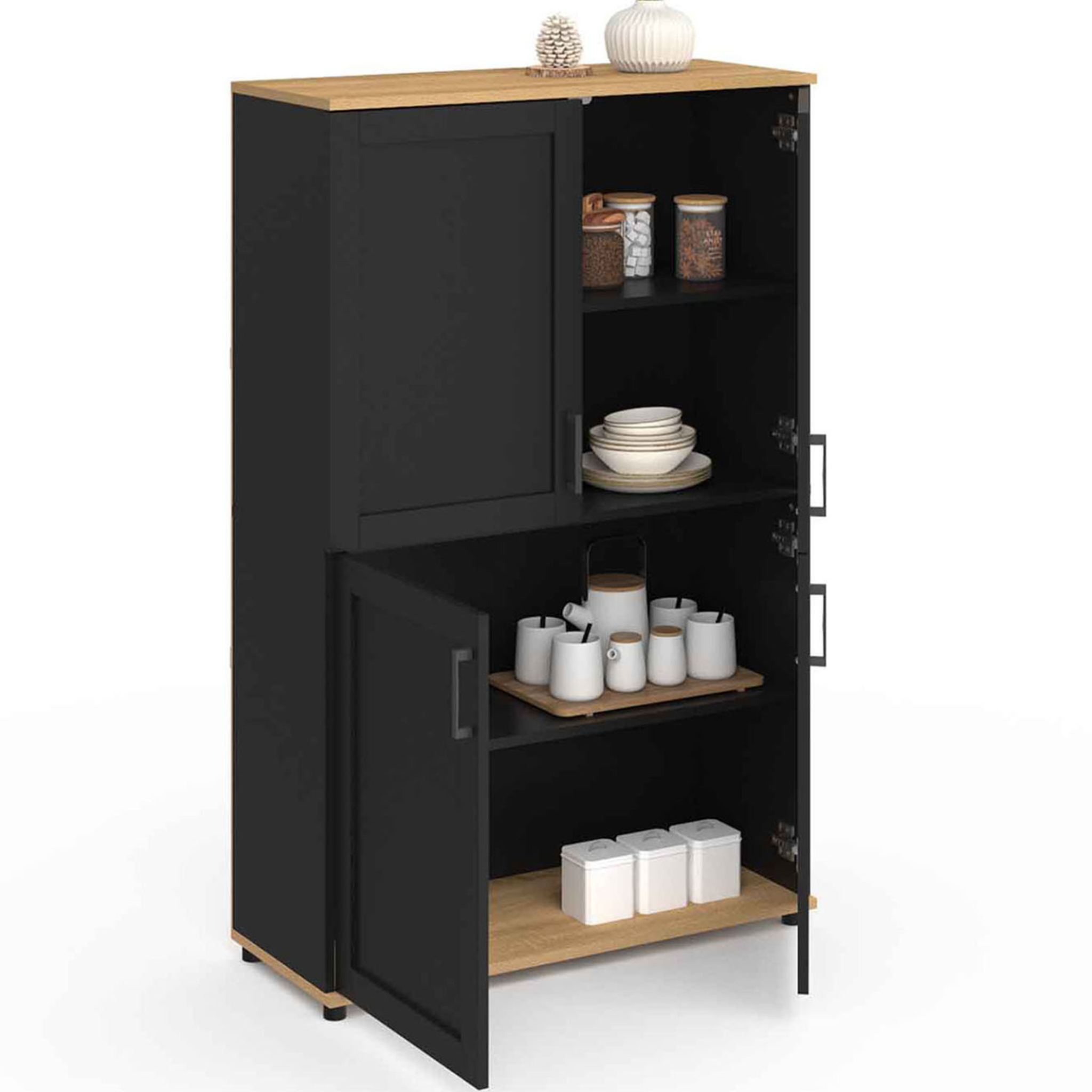 Voir la diapositive 4 : ID MARKET Buffet haut h. 125 cm vito 4 portes noir et bois
