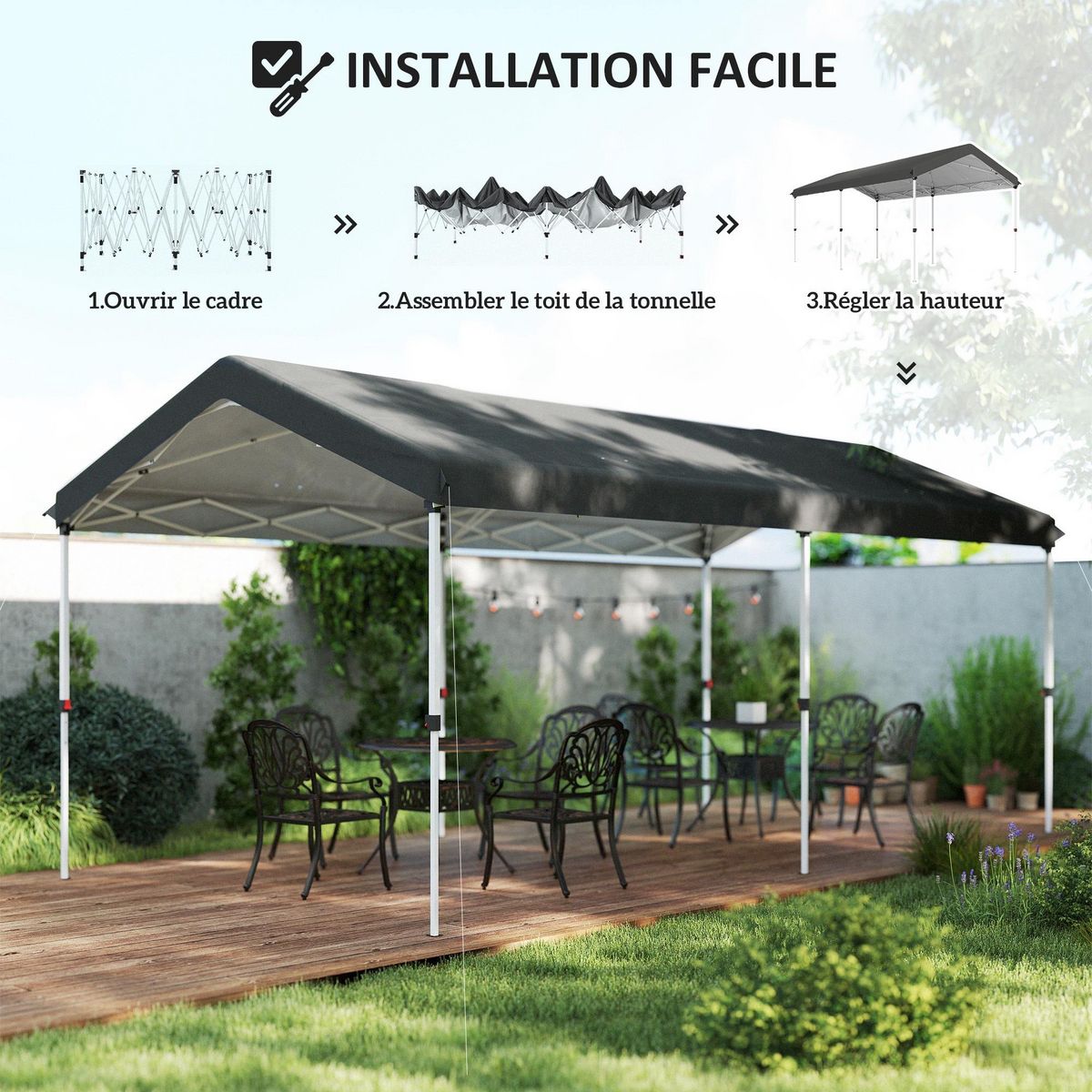 OUTSUNNY Tonnelle barnum pliable pop up 3 x 6 m - hauteur réglable - sac transport toile haute densité UPF50+ gris foncé