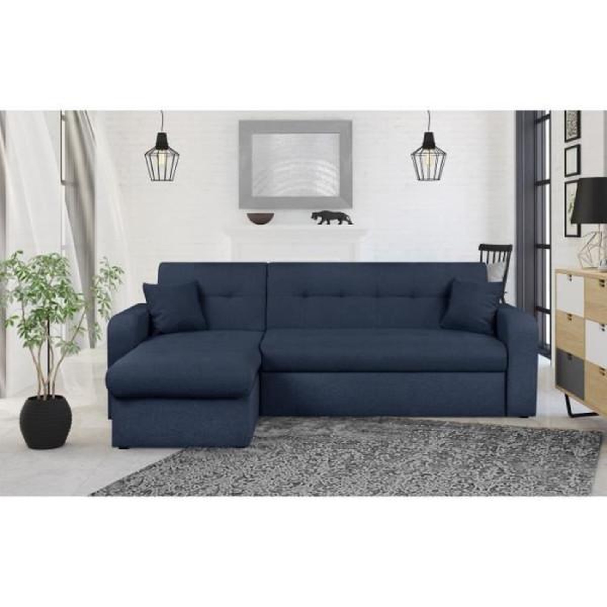 Voir la diapositive 2 : MARKET24 Canapé d'angle convertible et réversible 3 places ROMAN - Tissu bleu foncé - Coffre de rangement - L235 x H81 x P 85/153 cm