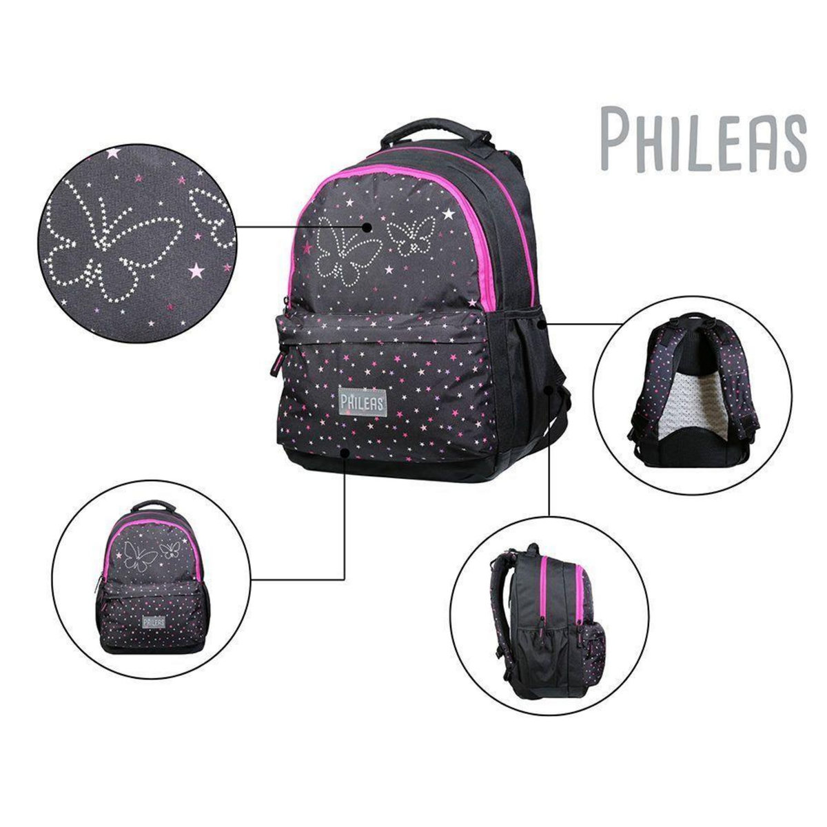 Bagtrotter BAGTROTTER Sac à dos 2 compartiments Phileas Papillons Noir - Le Plus Confortable des Sacs A Dos - Ergonomie/Confort/Sécurité - Système Smart Comfort