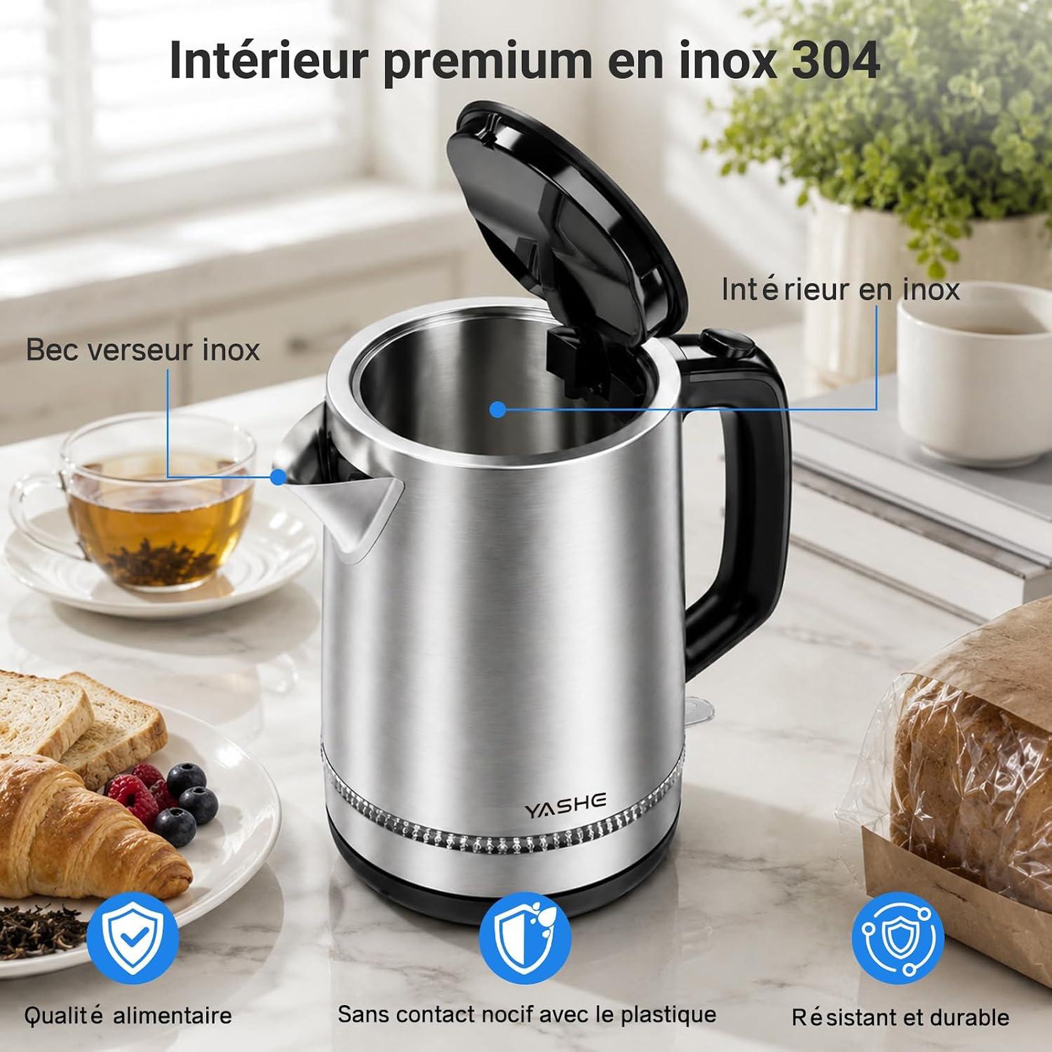 Voir la diapositive 5 : YASHE Bouilloire inox, 1,7 L, 2200 W, base 360°