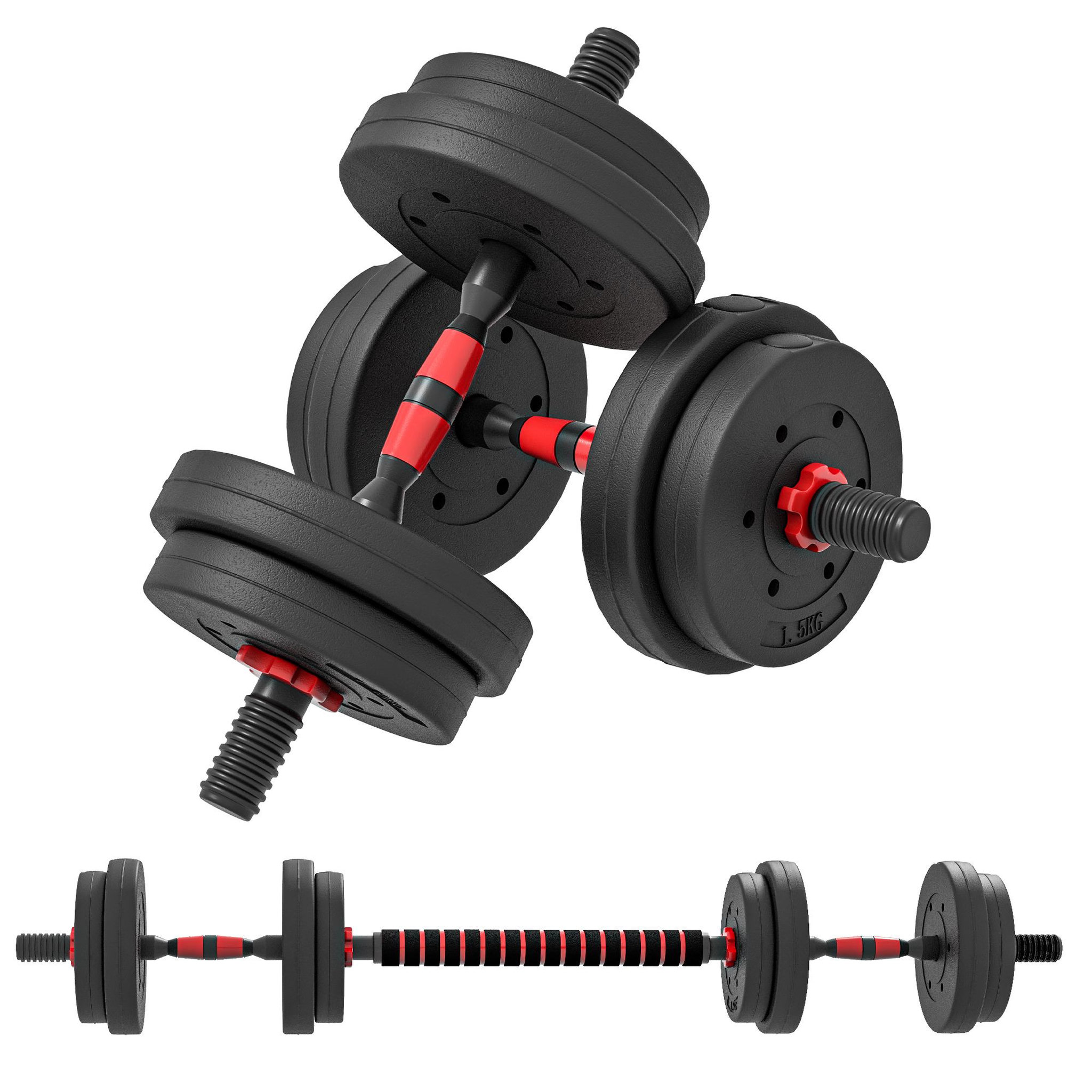 HOMCOM Ensemble d'haltères courtes total 15 kg - barres incluses - entraînement musculaire & haltérophilie - acier hdpe noir rouge