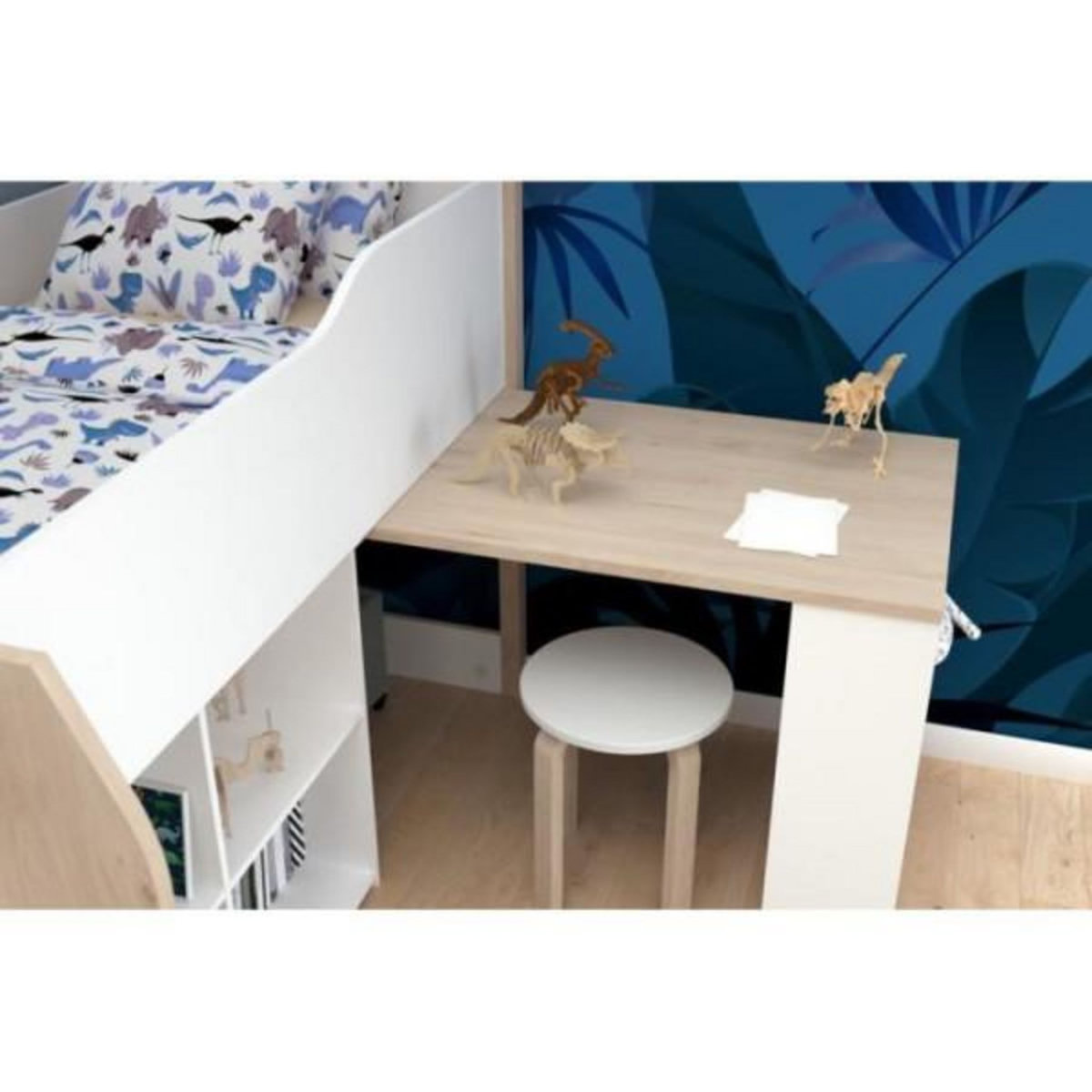 PARISOT Lit combiné enfant avec bureau rétractable - PARISOT - LIAM - Blanc et chene - Sommier inclus - 90x200 cm