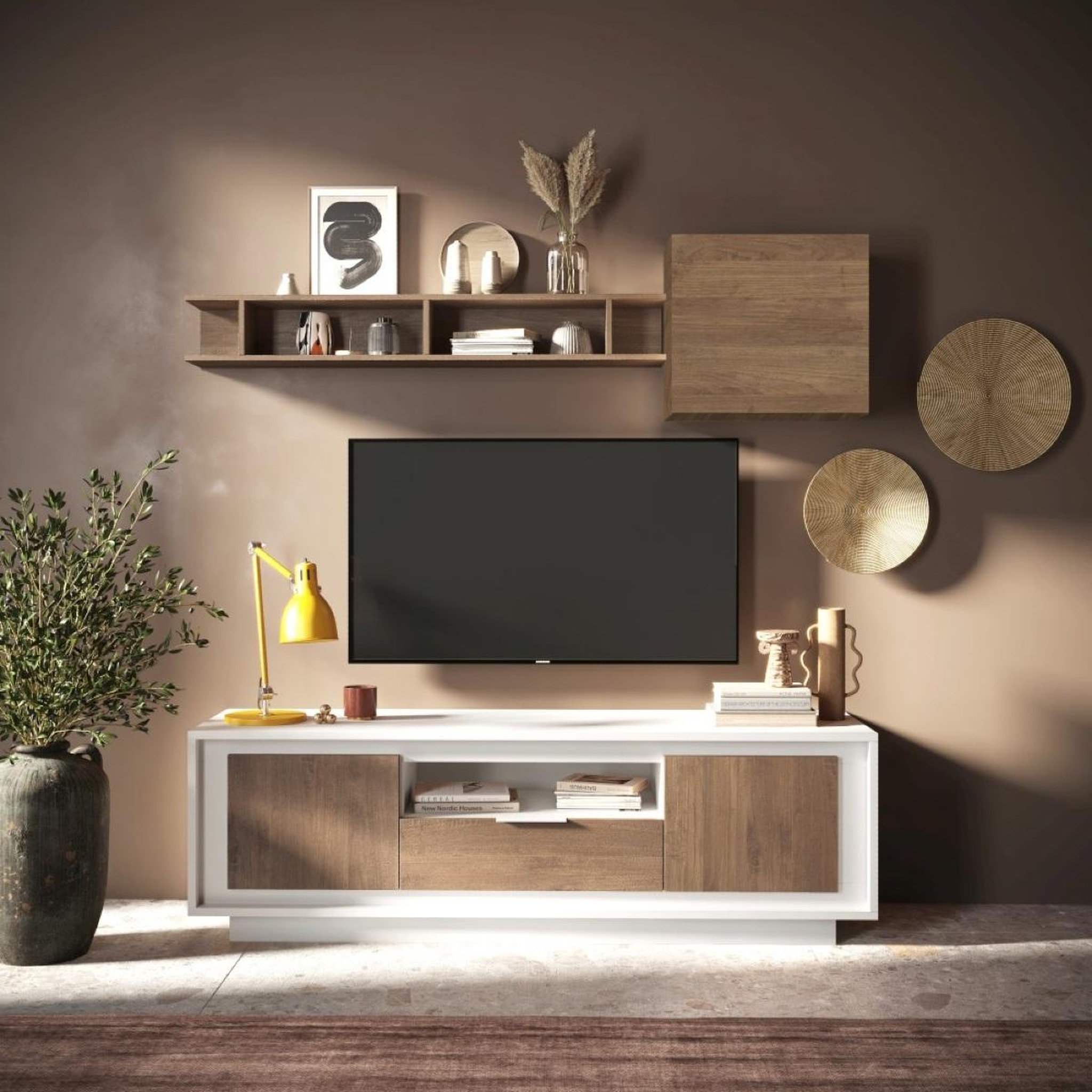 Voir la diapositive 2 : JLC KREATION Meuble tv contemporain 180cm blanc et noyer yori