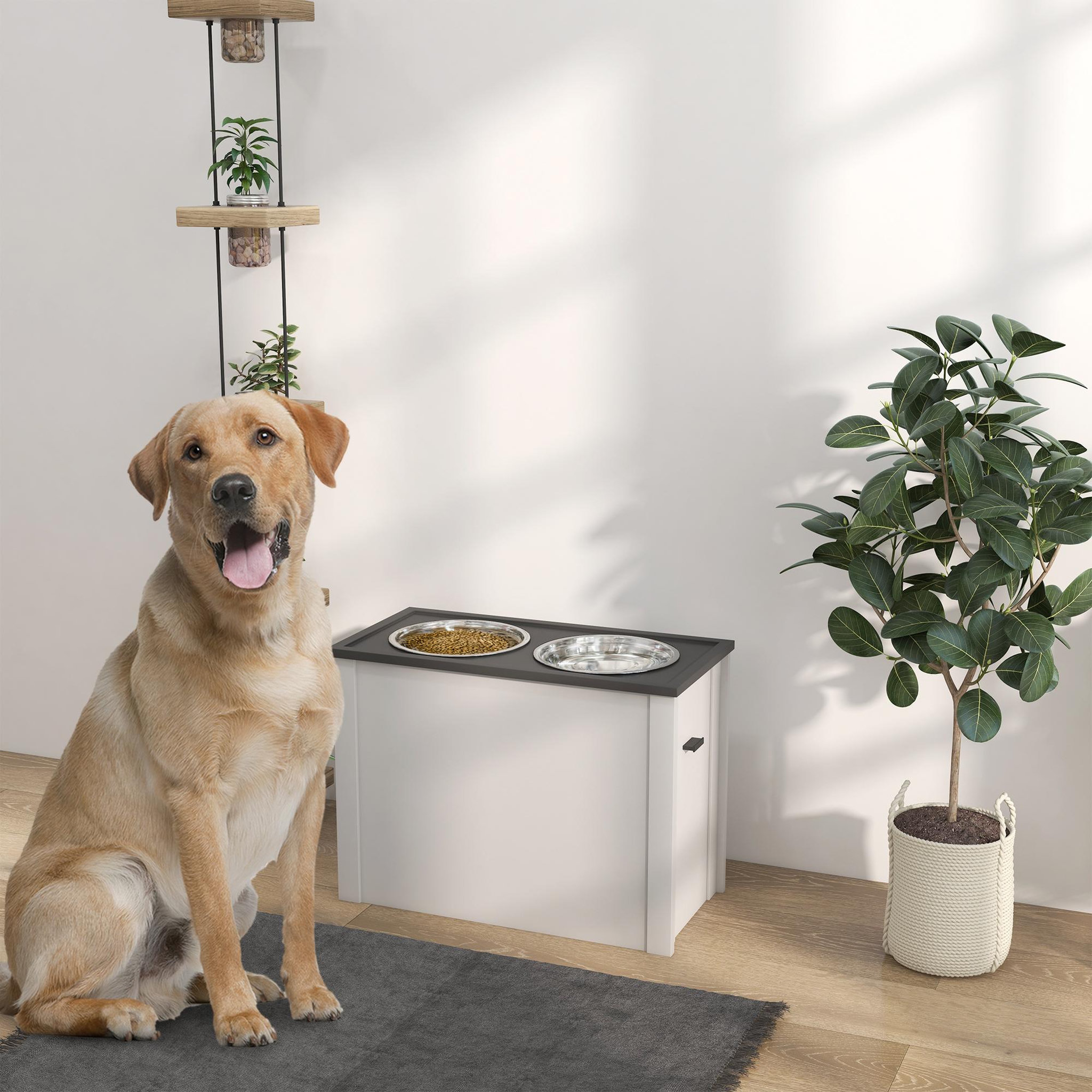 Voir la diapositive 4 : PAWHUT Gamelle double chien - porte-gamelles surélevé rangement 2 en 1 - tiroir, 2 gamelles - acier inox. MDF gris blanc