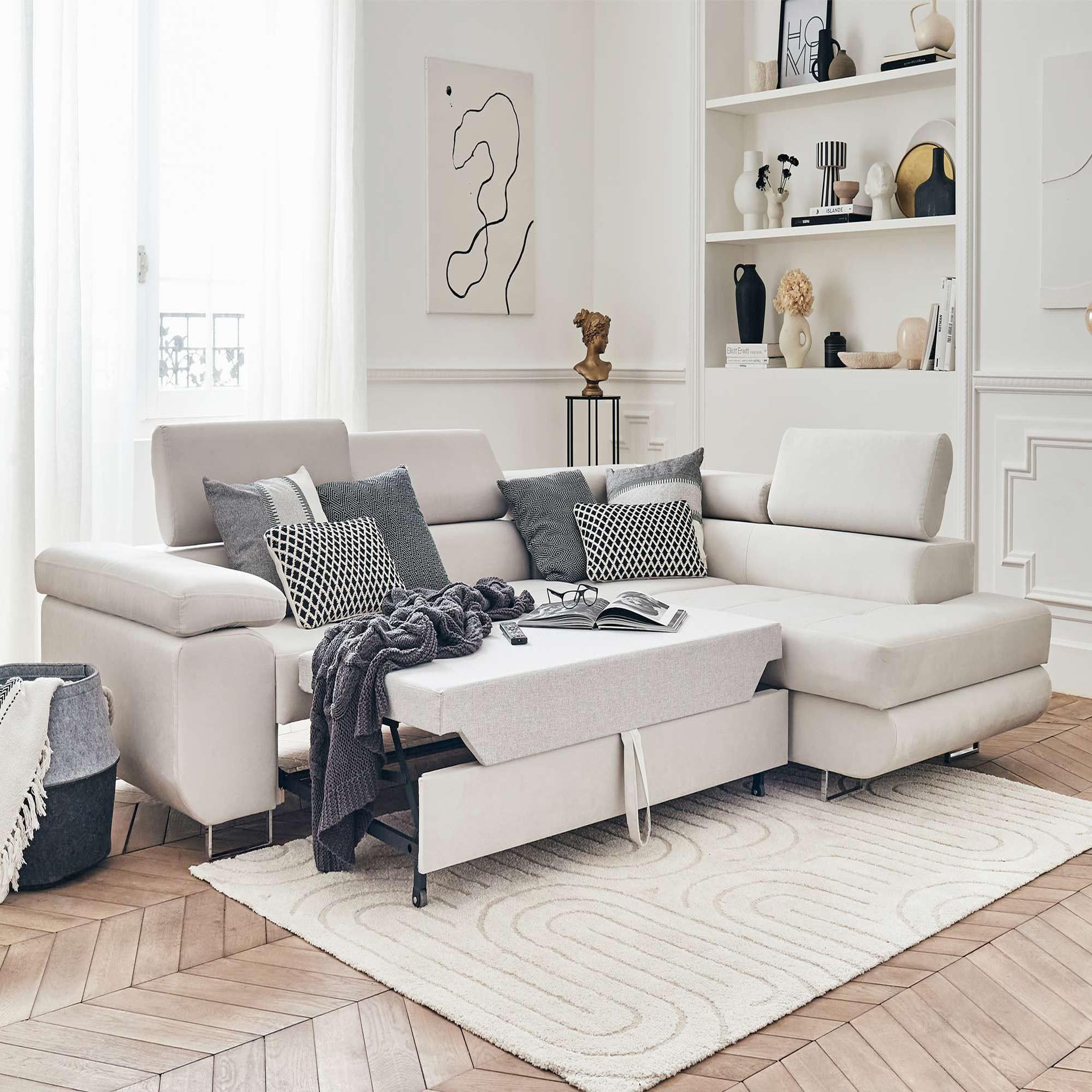 Voir la diapositive 2 : BEST MOBILIER Pablo - canapé d'angle droit - 5 places - convertible avec coffre et têtières réglables - en velours