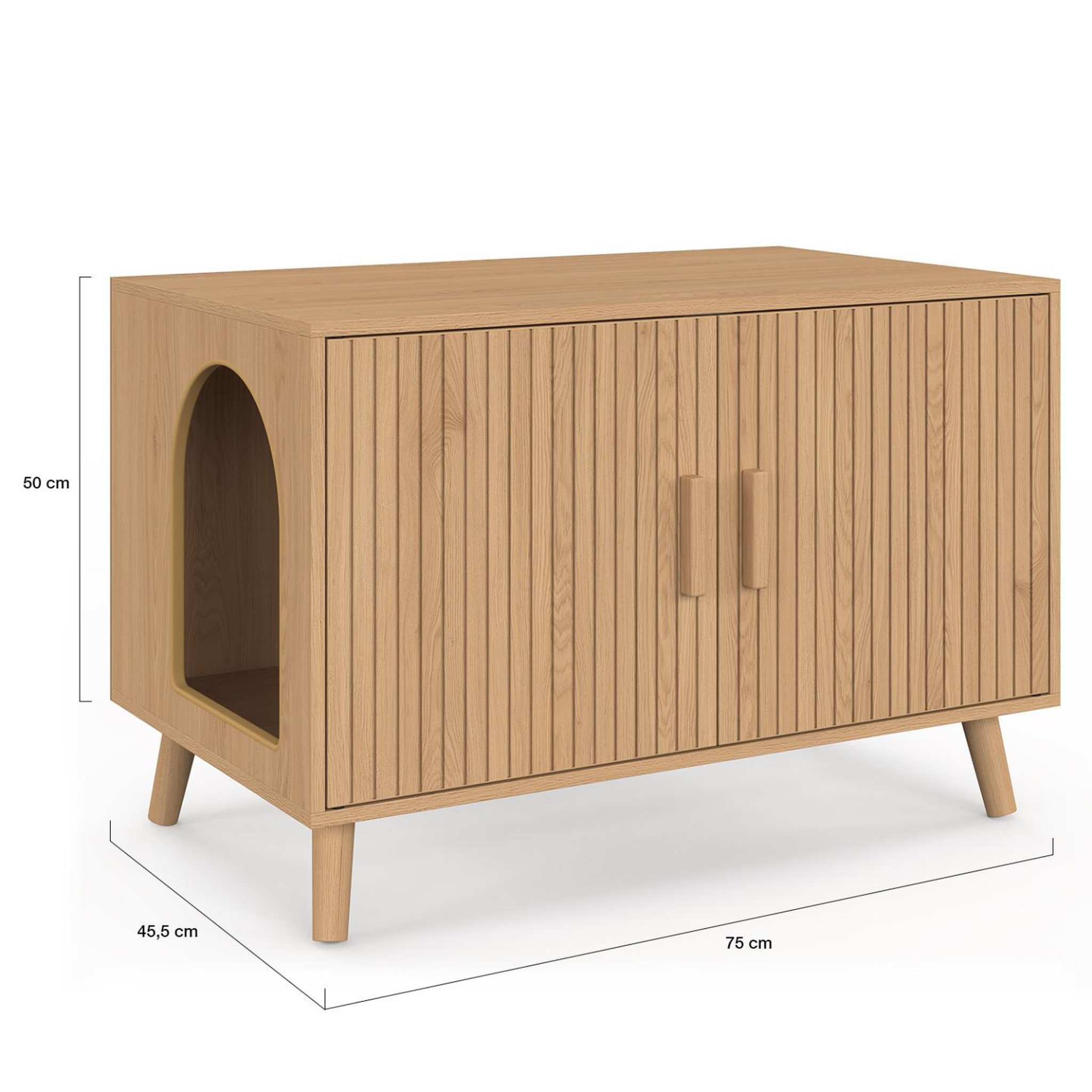 Voir la diapositive 5 : ID MARKET Maison de toilette chat cache-litière juliette avec doubles portes lattes tasseau bois coloris chêne