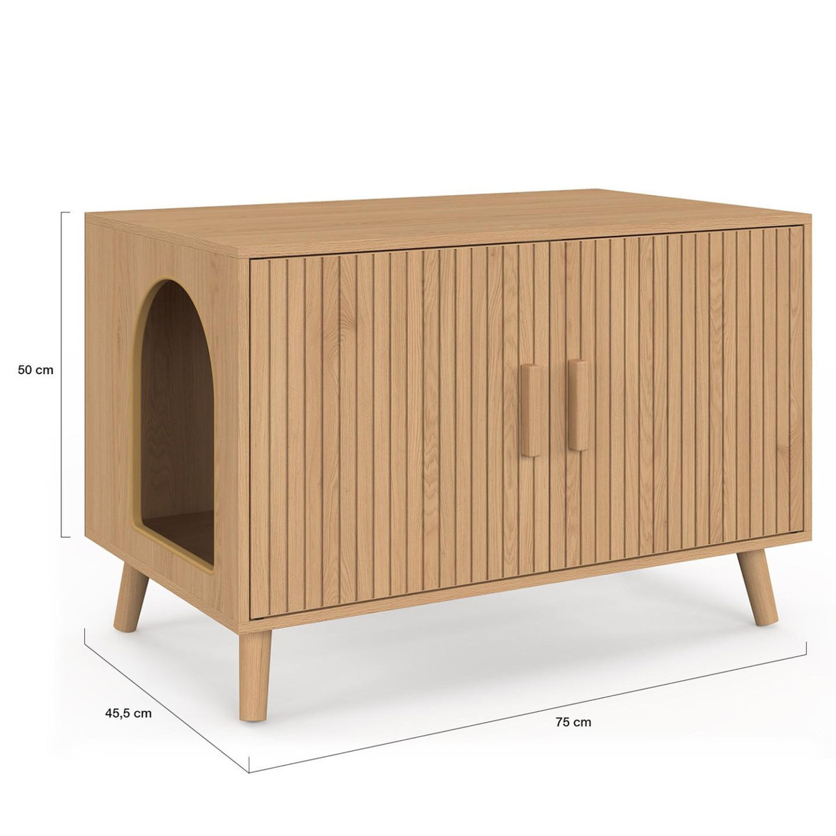 ID MARKET Maison de toilette chat cache-litière JULIETTE avec doubles portes lattes tasseau bois coloris chêne