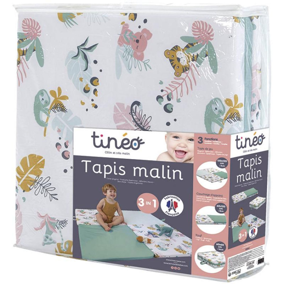 TINEO Tapis malin Jungle Buddies 3 en 1 - 120x120 cm