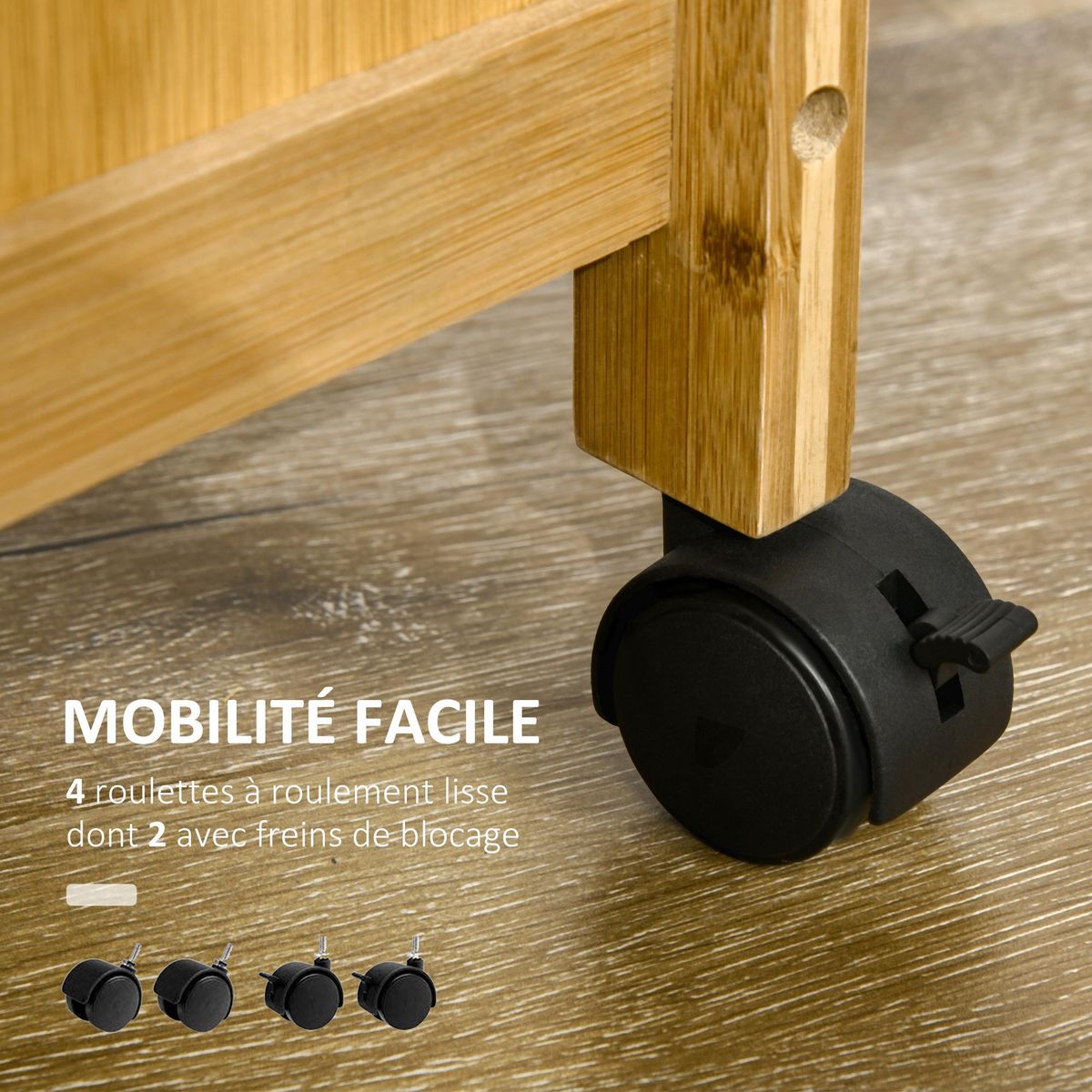 HOMCOM Desserte cuisine sur roulettes chariot de service meuble de rangement avec un tiroir, un panier coulissant, un porte-torchon et armoire en bambou
