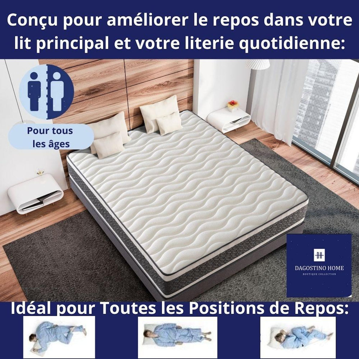 DAGOSTINO HOME Matelas 80x190 Mousse HR Très Ferme | Spécial Sommier Électrique et Lit Gigogne | Double Face (Été-Hiver) | H15cm