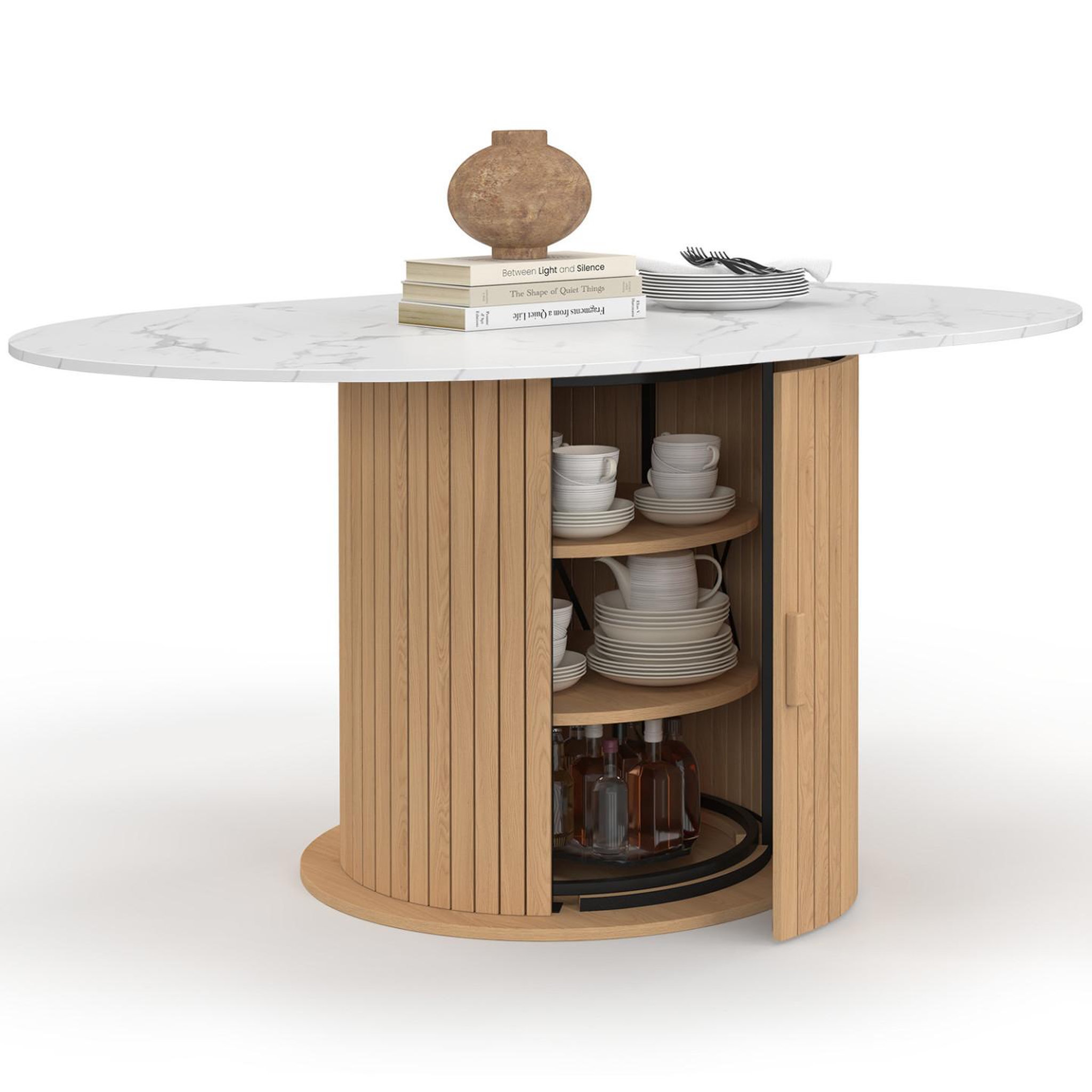 ID MARKET Table à manger extensible ronde juliette 4-8 personnes pied lattes avec rangement et plateau effet marbre blanc 110-150 cm