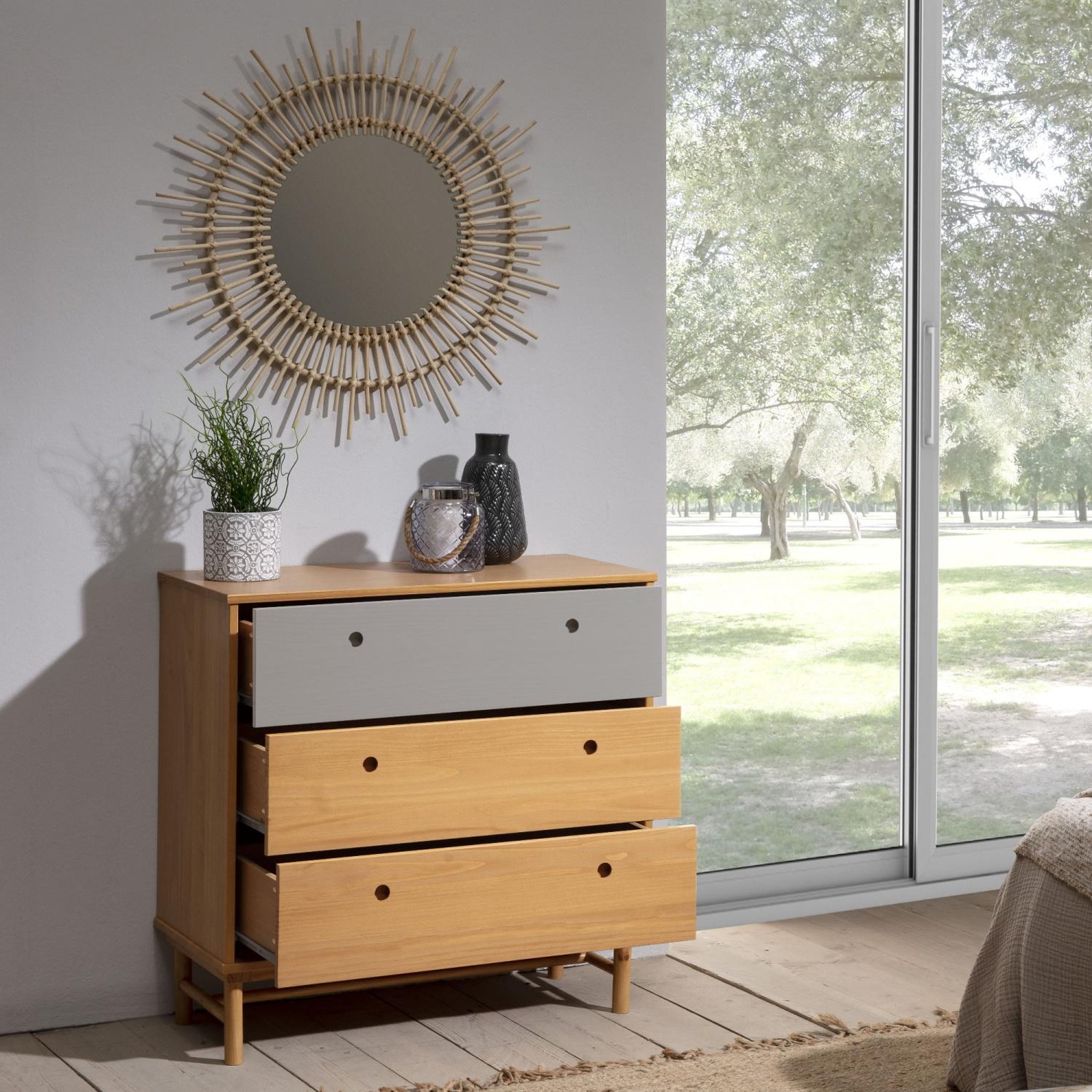 Voir la diapositive 3 : VS VENTA-STOCK Commode de nuit Magnus 3 tiroirs , bois massif , 80 cm Largeur