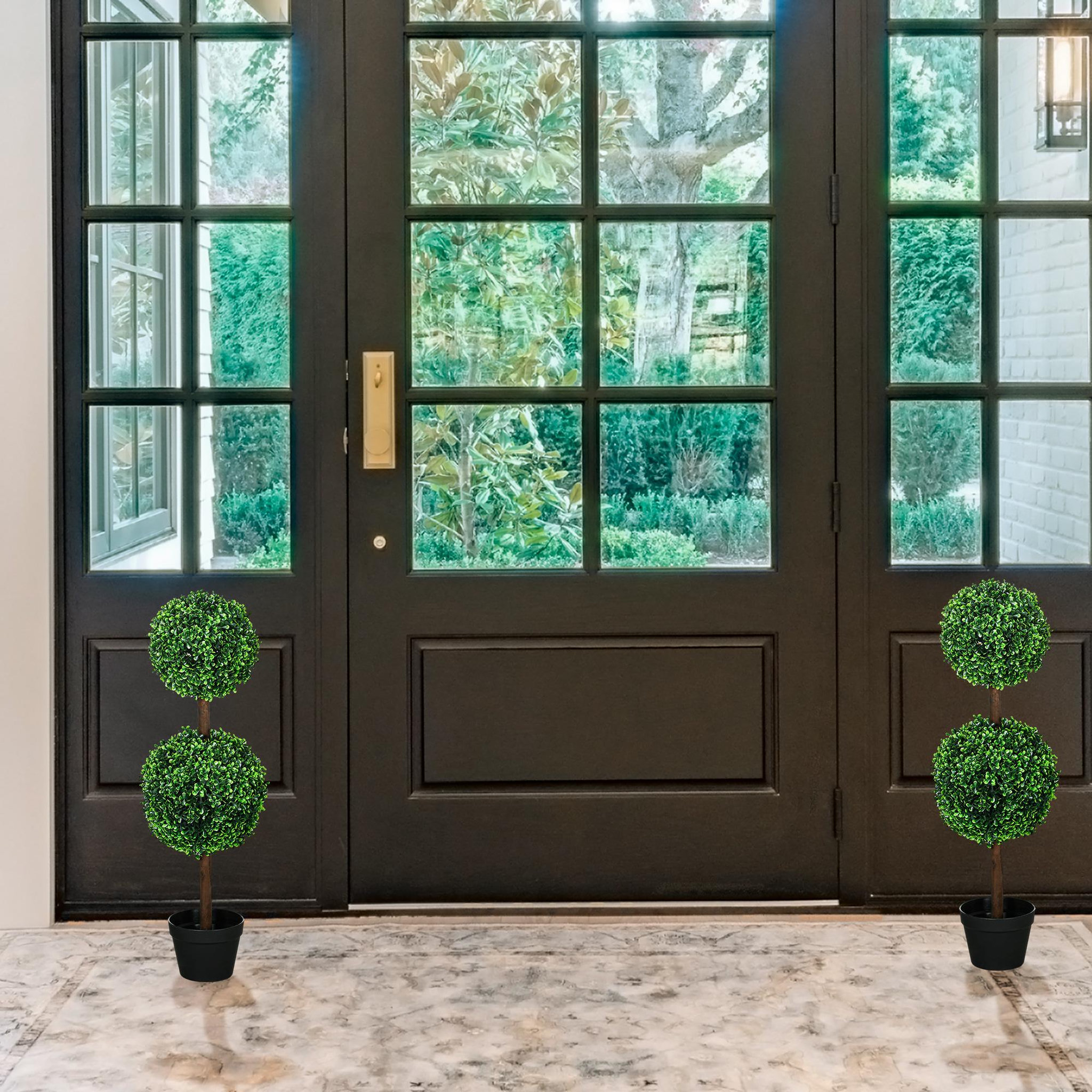 Voir la diapositive 2 : HOMCOM Lot de 2 buis artificiel double boules - cailloux et pot inclus - H.90 cm PE vert