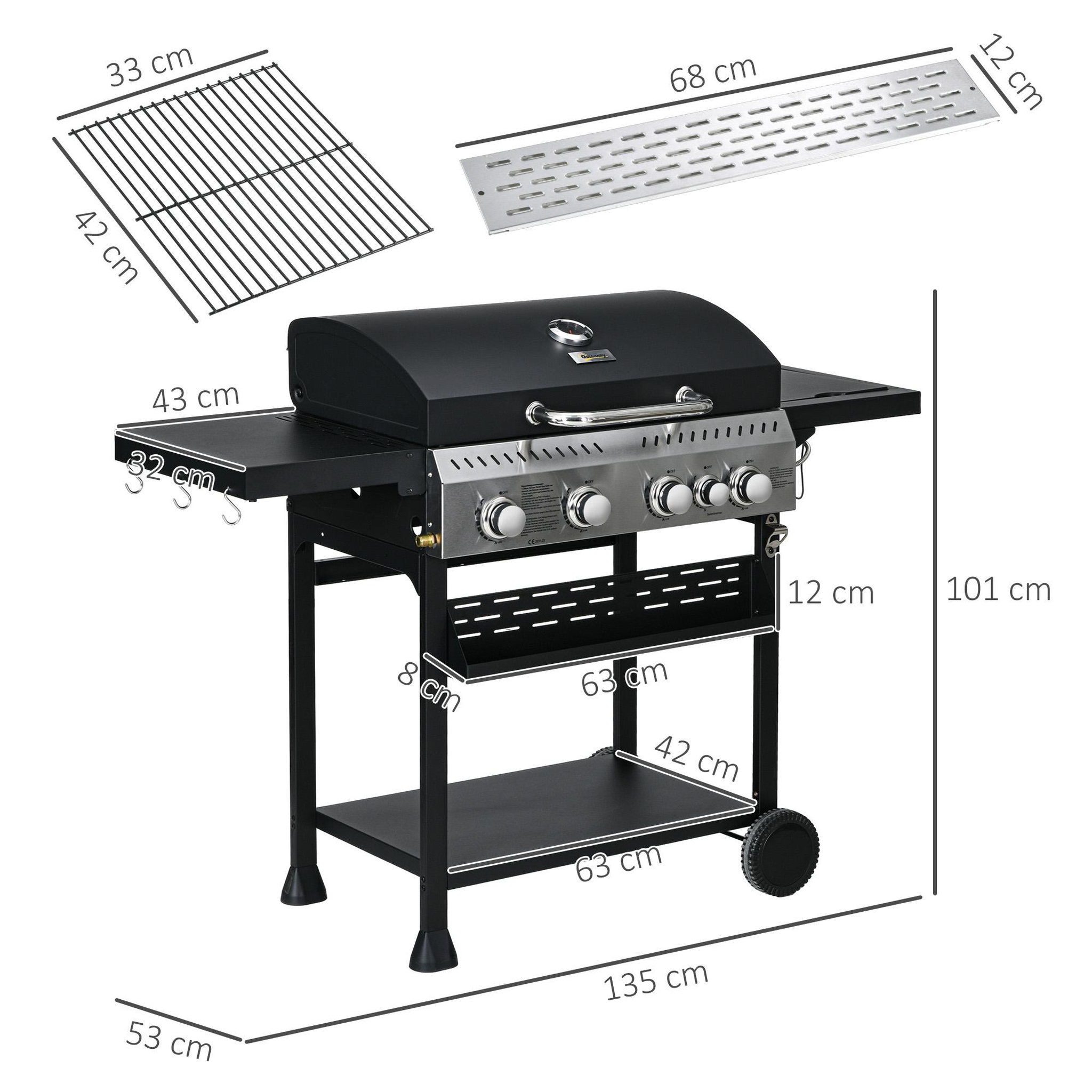 Voir la diapositive 3 : OUTSUNNY Barbecue à gaz 4+1 - 12,5 kW - 2 roues, étagères, thermomètre, décapsuleur, crochets - acier inox noir