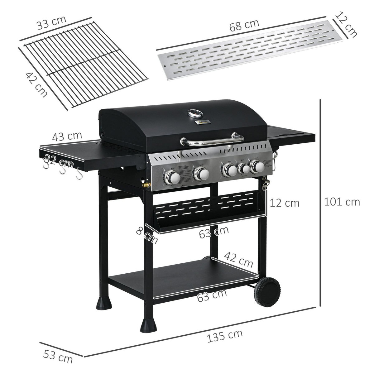 OUTSUNNY Barbecue à gaz 4+1 - 12,5 kW - 2 roues, étagères, thermomètre, décapsuleur, crochets - acier inox noir