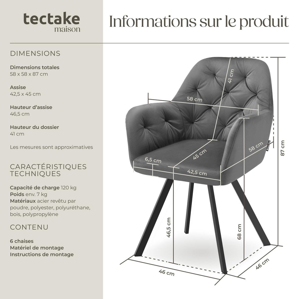 tectake Fauteuil pivotant en velours avec accoudoirs rembourré avec motif matelassé gris anthracite Lot de 6
