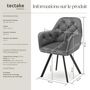 Voir la diapositive 6 : tectake Fauteuil pivotant en velours avec accoudoirs rembourré avec motif matelassé gris anthracite Lot de 6