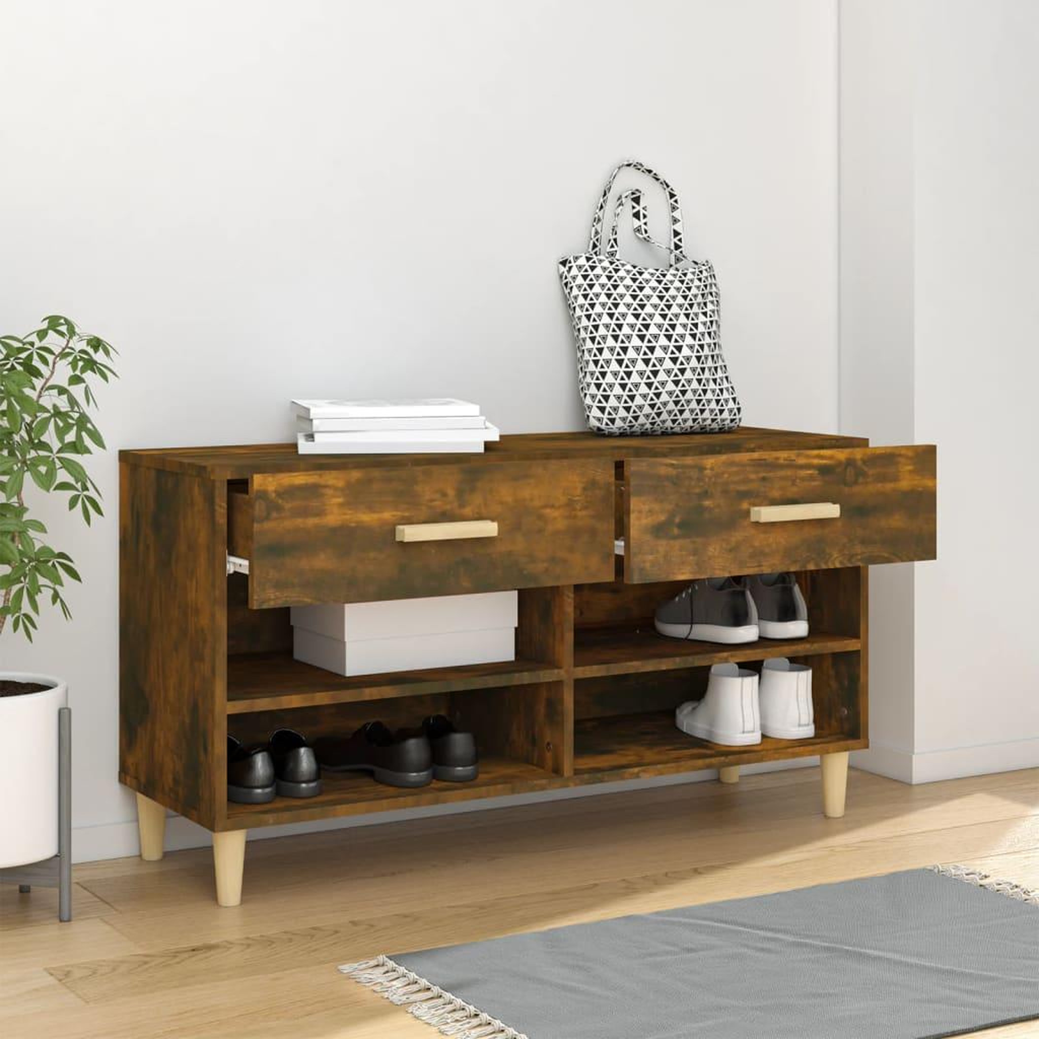Voir la diapositive 3 : VIDAXL Meuble a chaussures chene fume 102x35x55 cm bois d'ingenierie