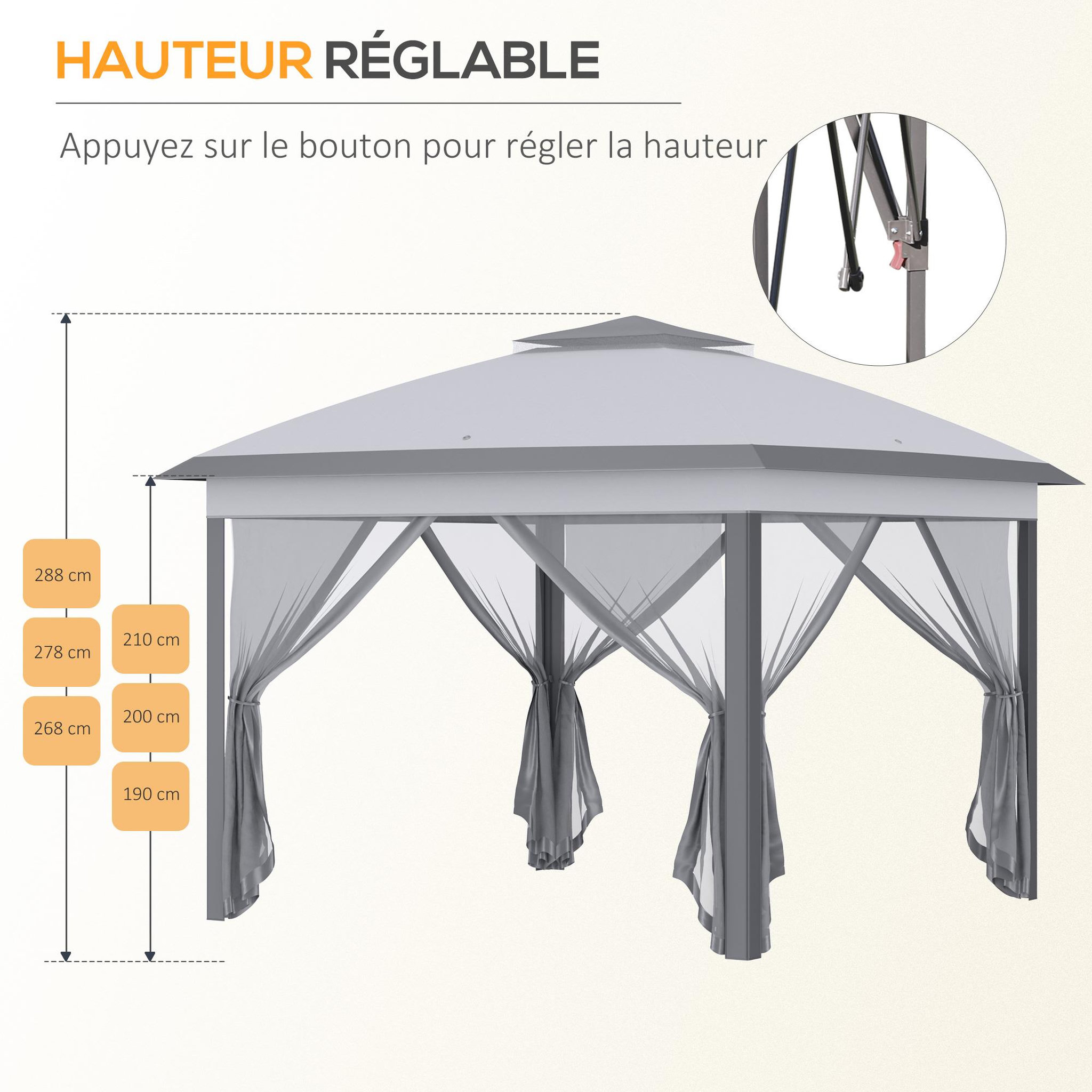 Voir la diapositive 6 : OUTSUNNY Tonnelle barnum automatique pop-up dim. 3,3L x 3,3l x 2,88H m moustiquaires sac transport métal oxford gris