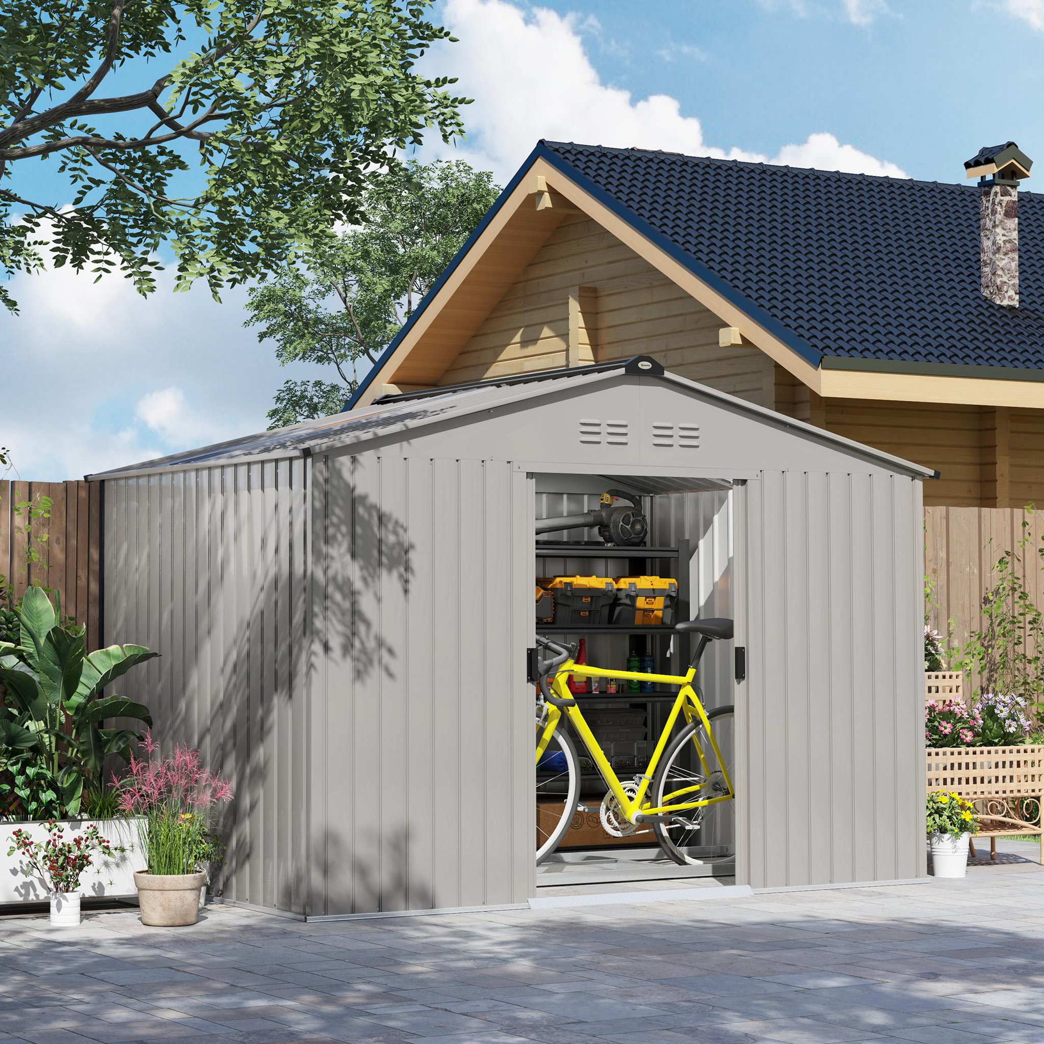 Voir la diapositive 5 : OUTSUNNY Abri de jardin 5,4 m² - cabanon double porte coulissante - fondation incluse - 277 x 195 x 192 cm - tôle d'acier ondulée gris